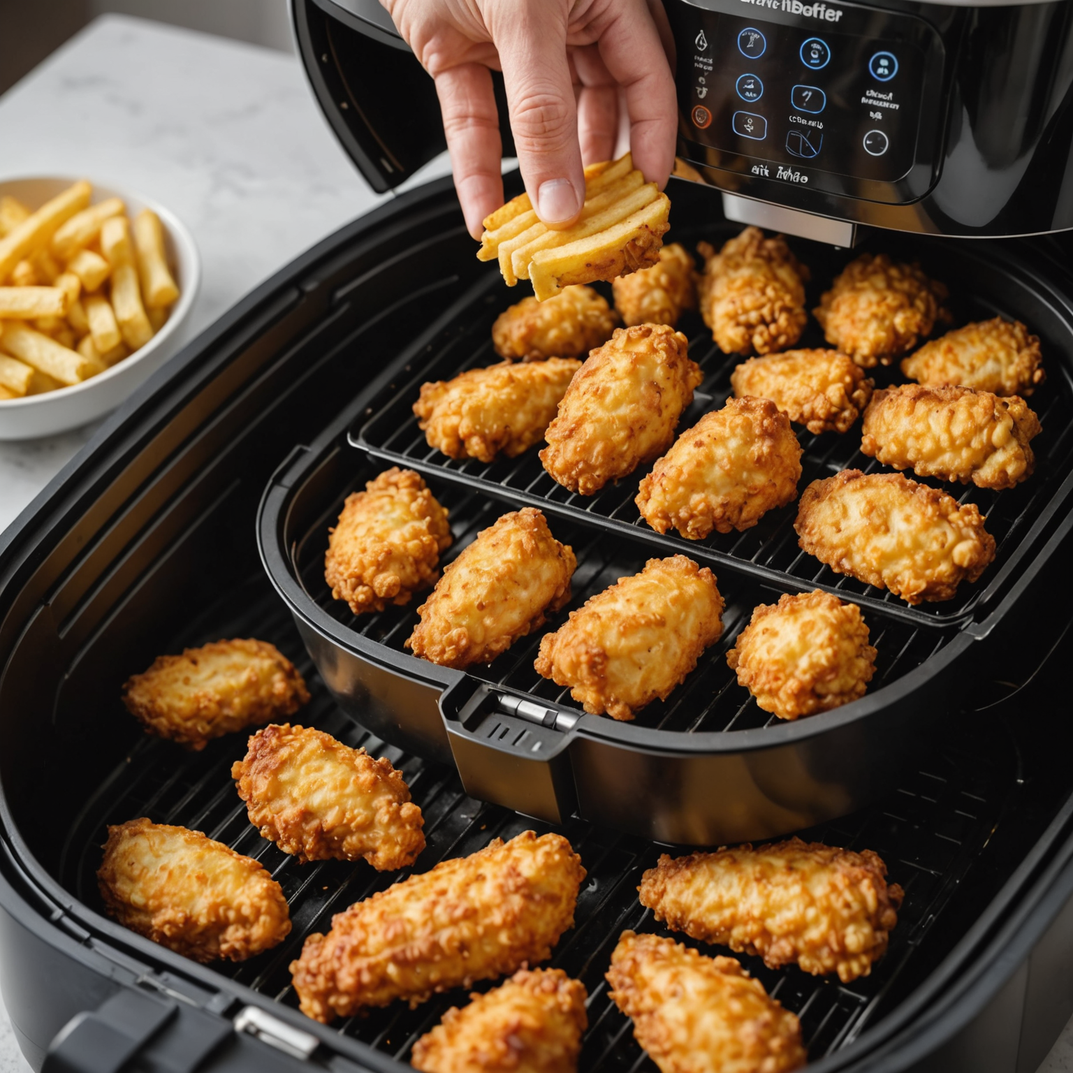 Close-up of an air fryer basket with crispy golden finger foods and visible steam illustrating hot air circulation