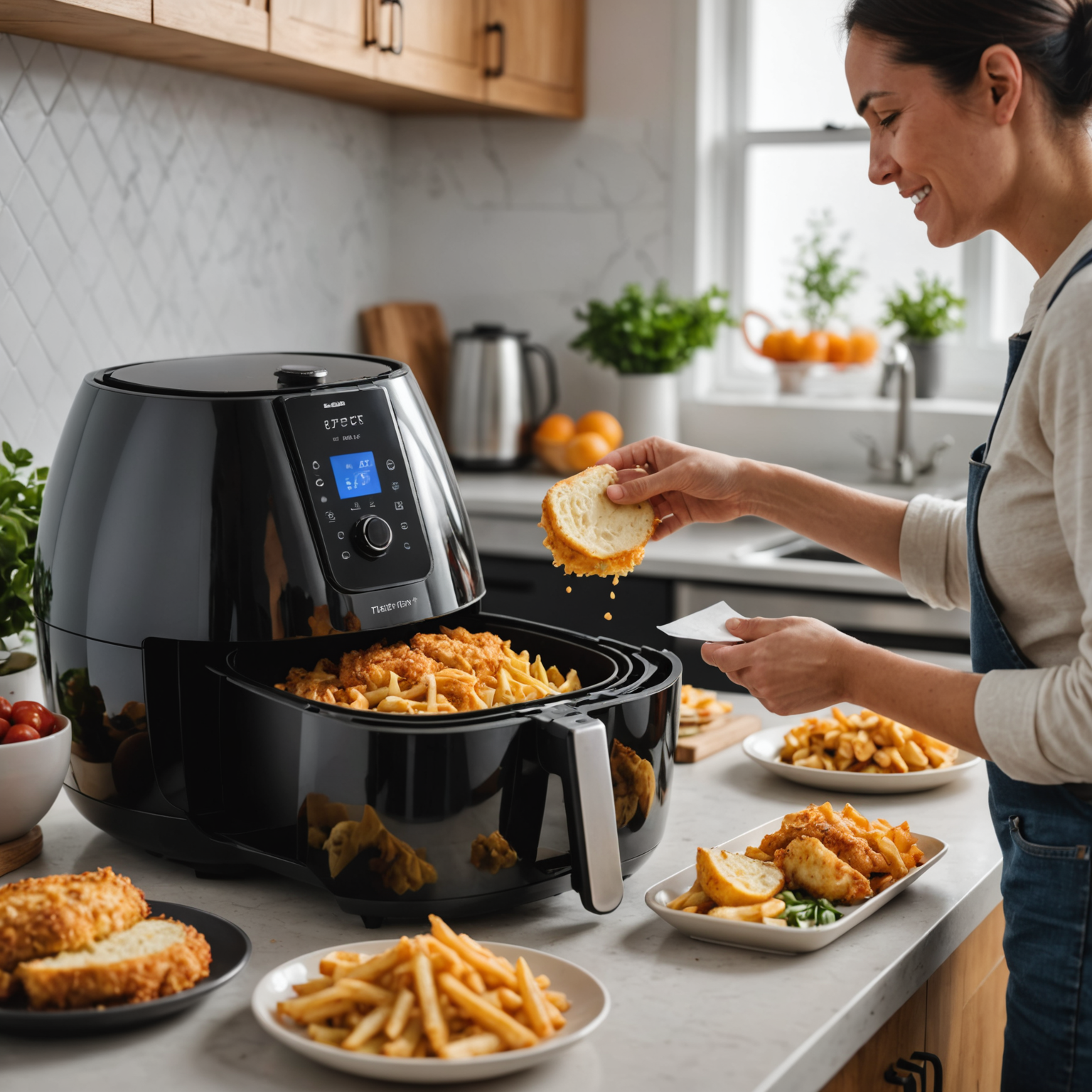 Person placing silicone mat and parchment paper inside an air fryer to optimize cooking and simplify clean up, with digital display showing preset