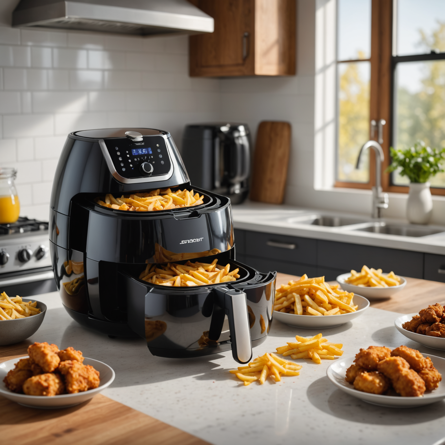 Air fryer basket pulled out slightly with freshly cooked food kept warm using residual heat, batch-cooked portions neatly plated nearby