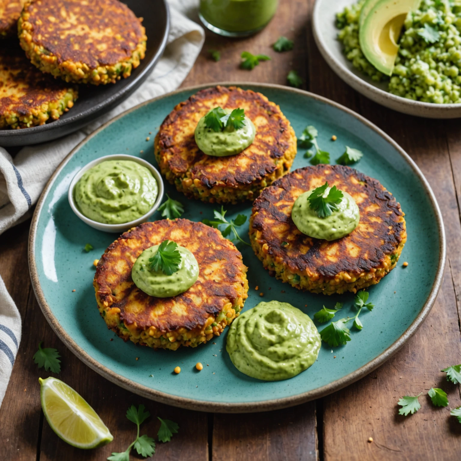 Air Fryer Crispy Chickpea and Quinoa Patties with Avocado Cilantro Sauce