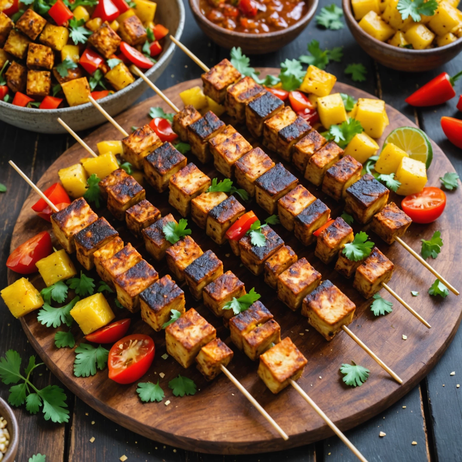 Air Fryer Crispy Caribbean Jerk Tofu Skewers with Pineapple Salsa