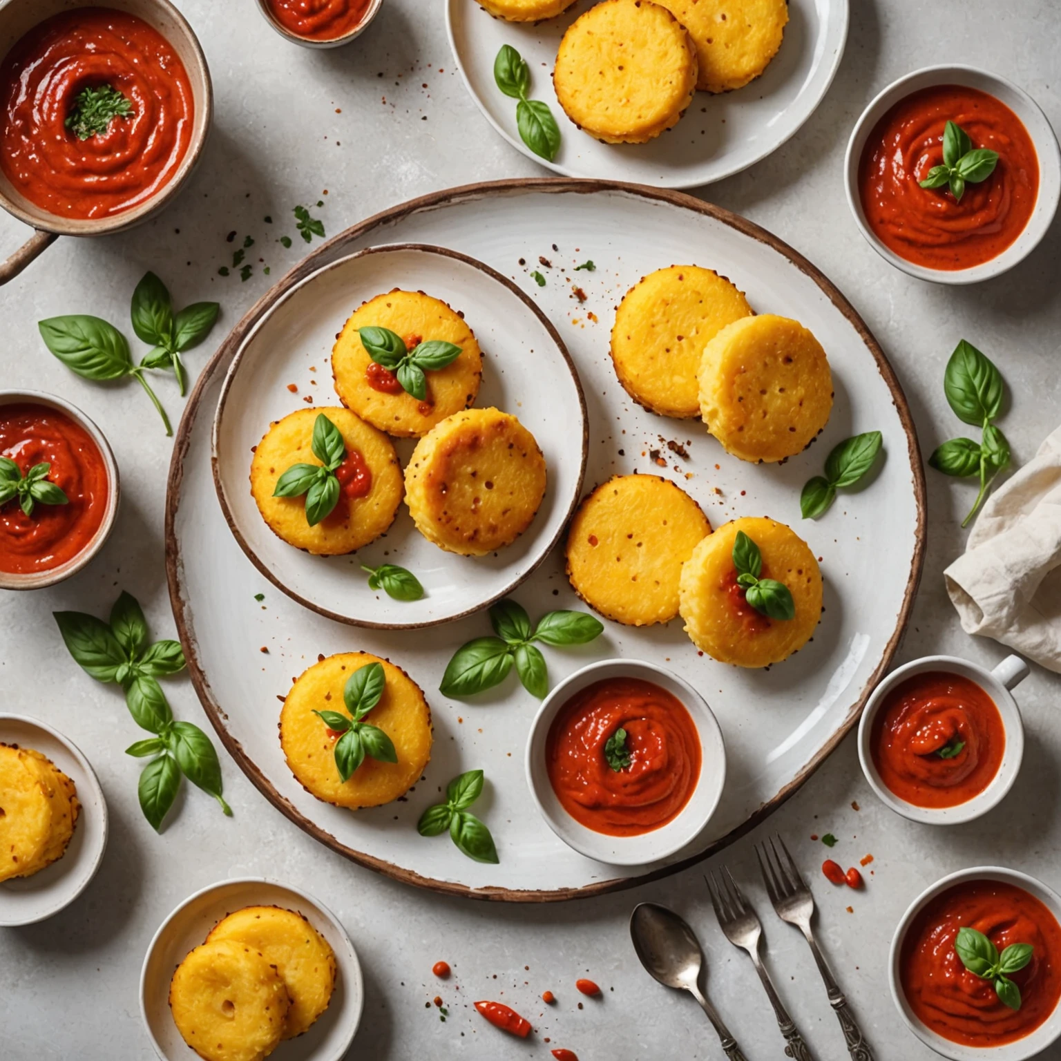 Air Fryer Crispy Baked Polenta Cakes with Roasted Red Pepper Sauce