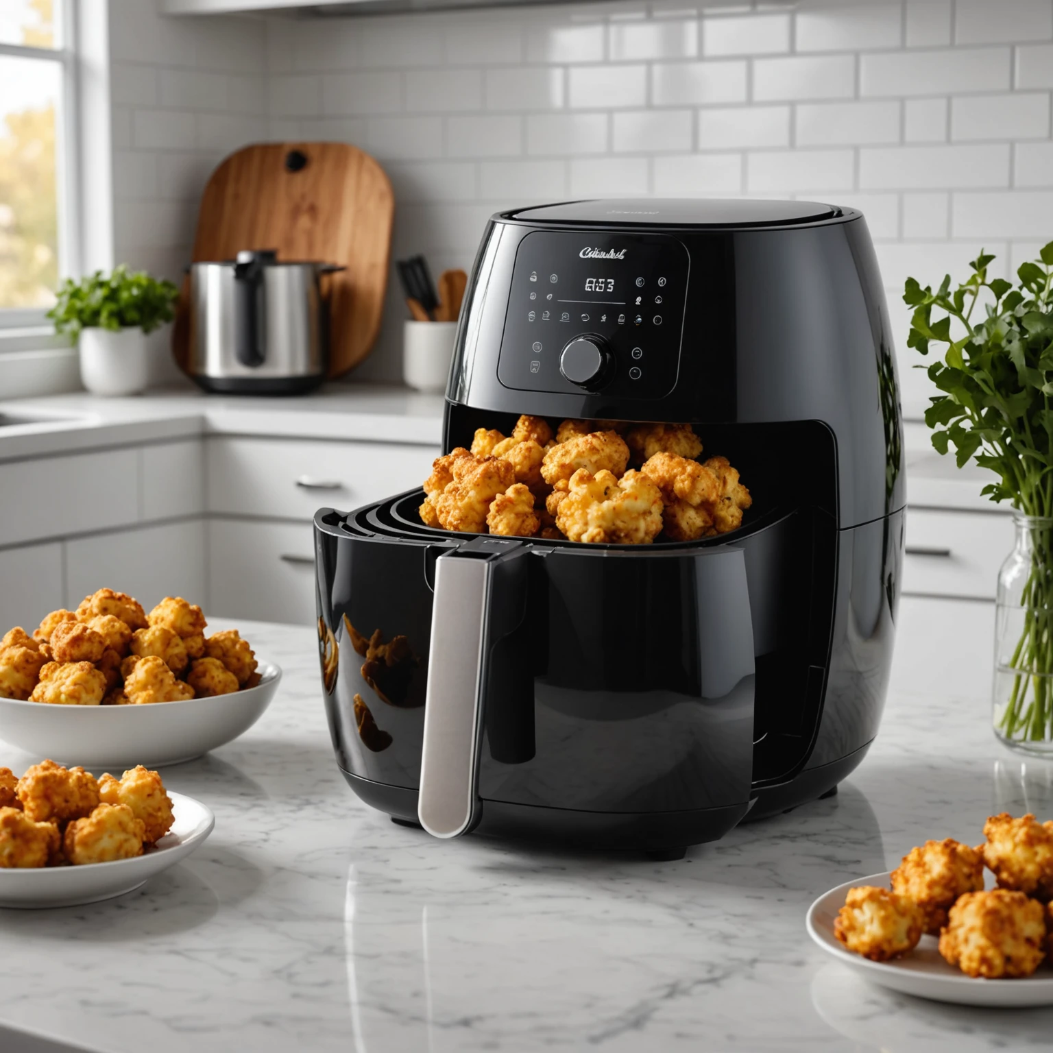 Modern air fryer with a basket of evenly spaced, crispy cauliflower bites in a bright, clean kitchen environment