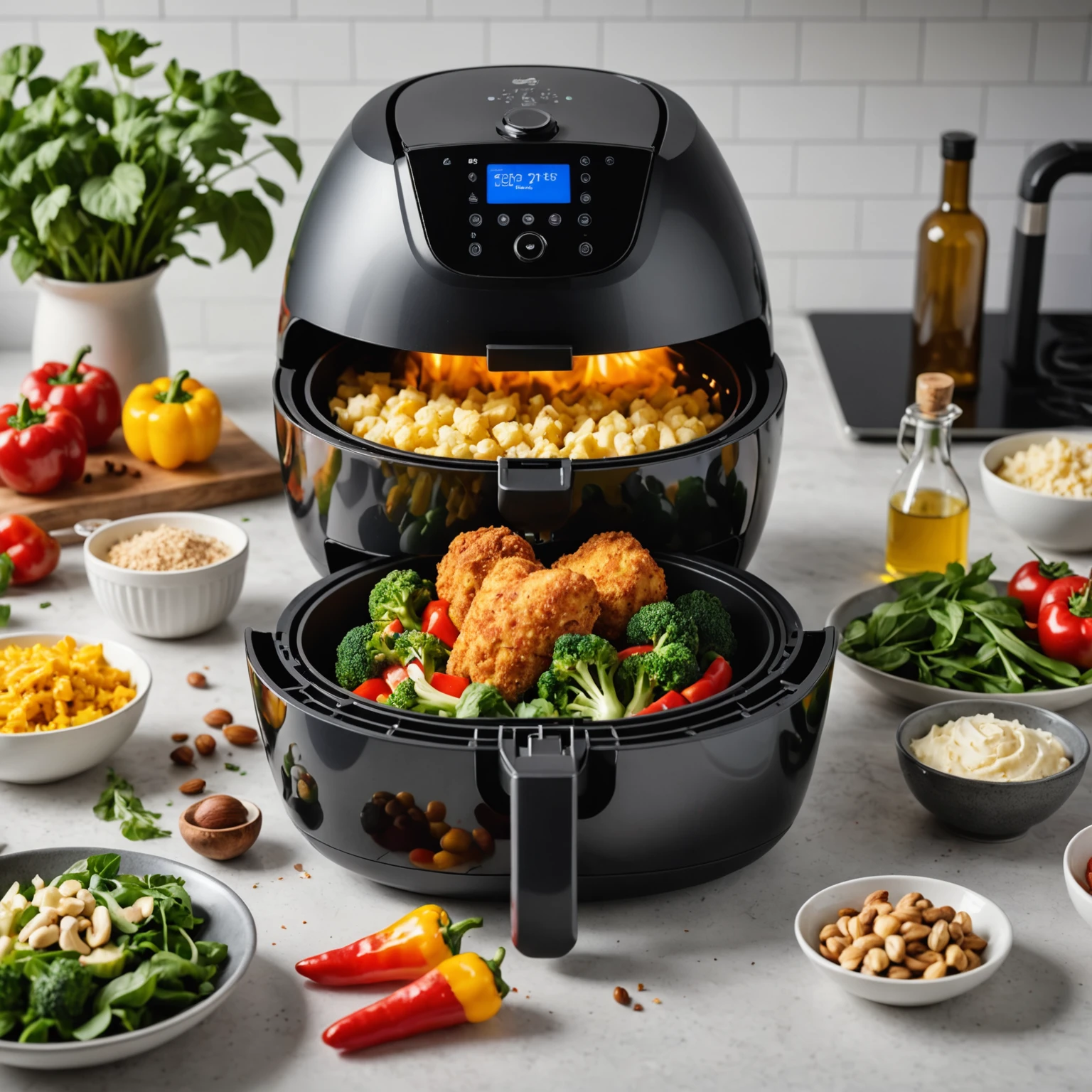 Modern kitchen with an air fryer and a variety of fresh vegetables, alternative flours, nuts, and healthy oils showcasing ingredient swaps for nutritious air fryer meals.