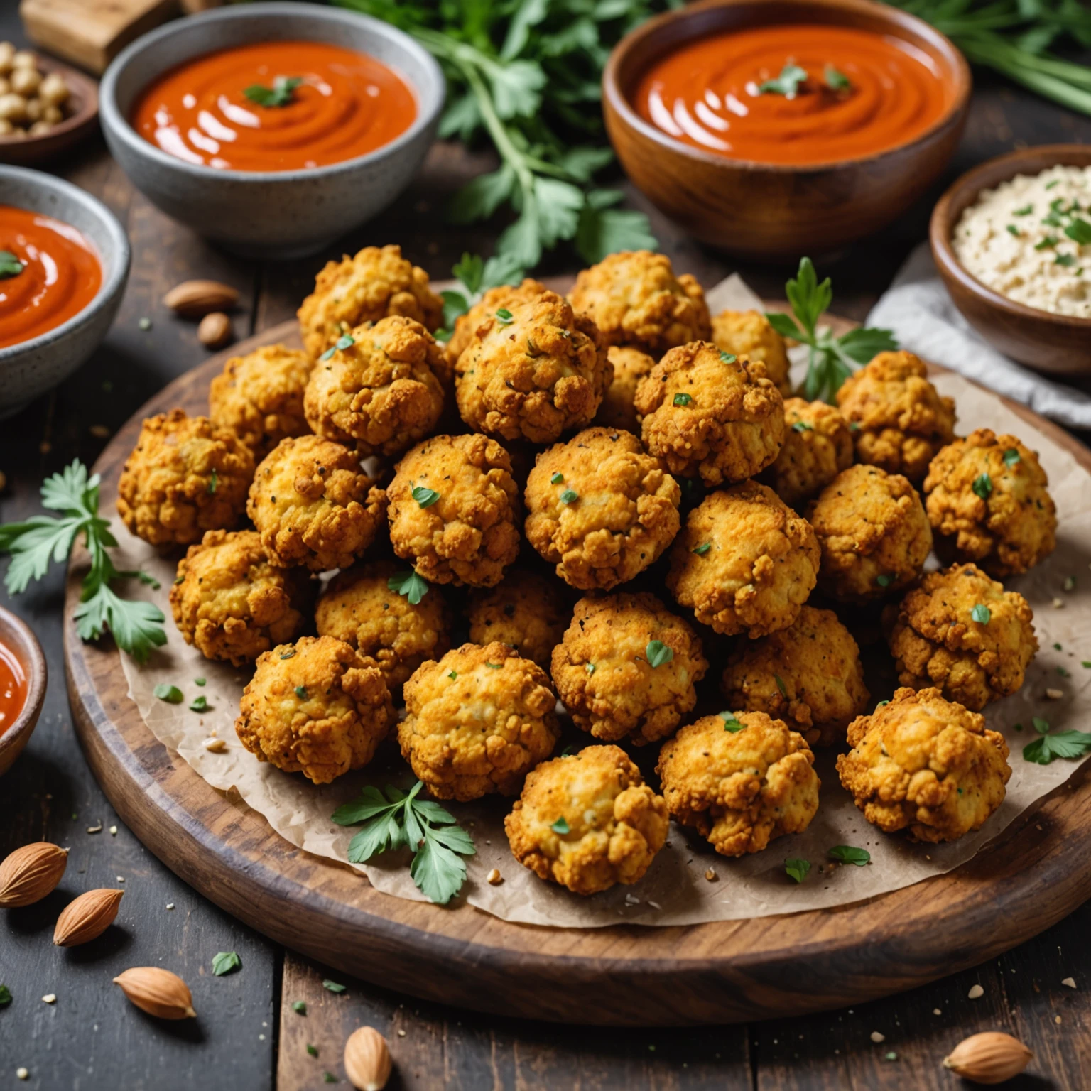 Close-up of crispy air fried cauliflower bites coated in chickpea flour and almond meal served with homemade buffalo sauce, illustrating healthy ingredient swaps.
