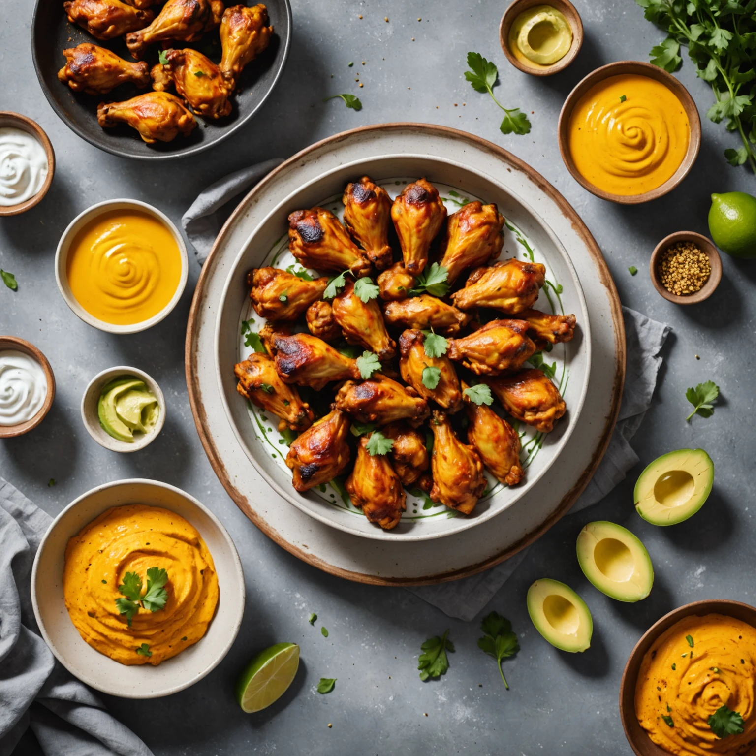 Air fried crispy tandoori chicken wings marinated with Greek yogurt and avocado oil, garnished with turmeric and ginger slices, showcasing healthy cooking swaps.