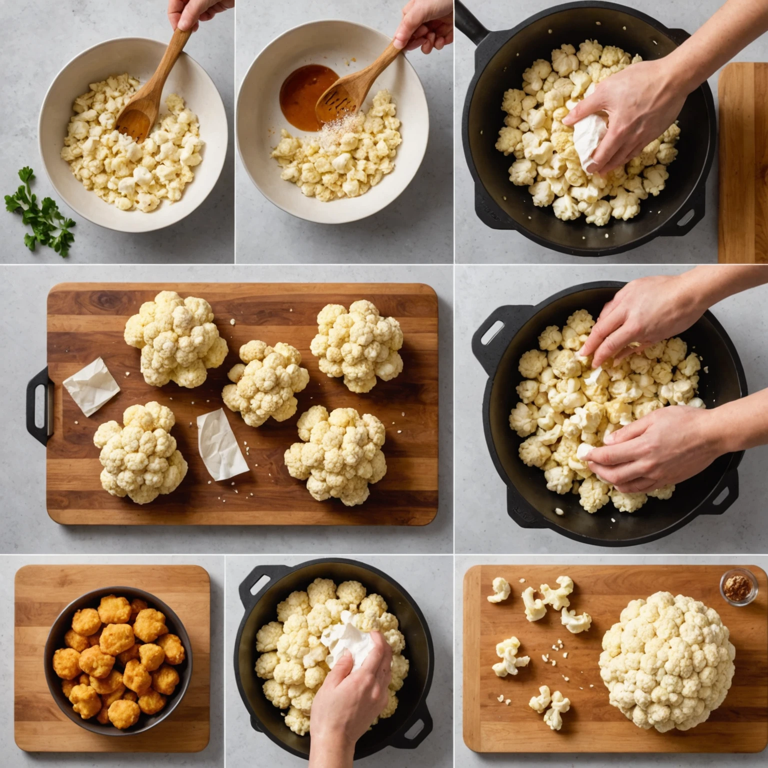 Hands patting dry cauliflower florets, breadcrumb coating in a bowl, and evenly spaced food on an air fryer rack showing preparation steps for crispy air-cooked dishes in a bright kitchen environment.