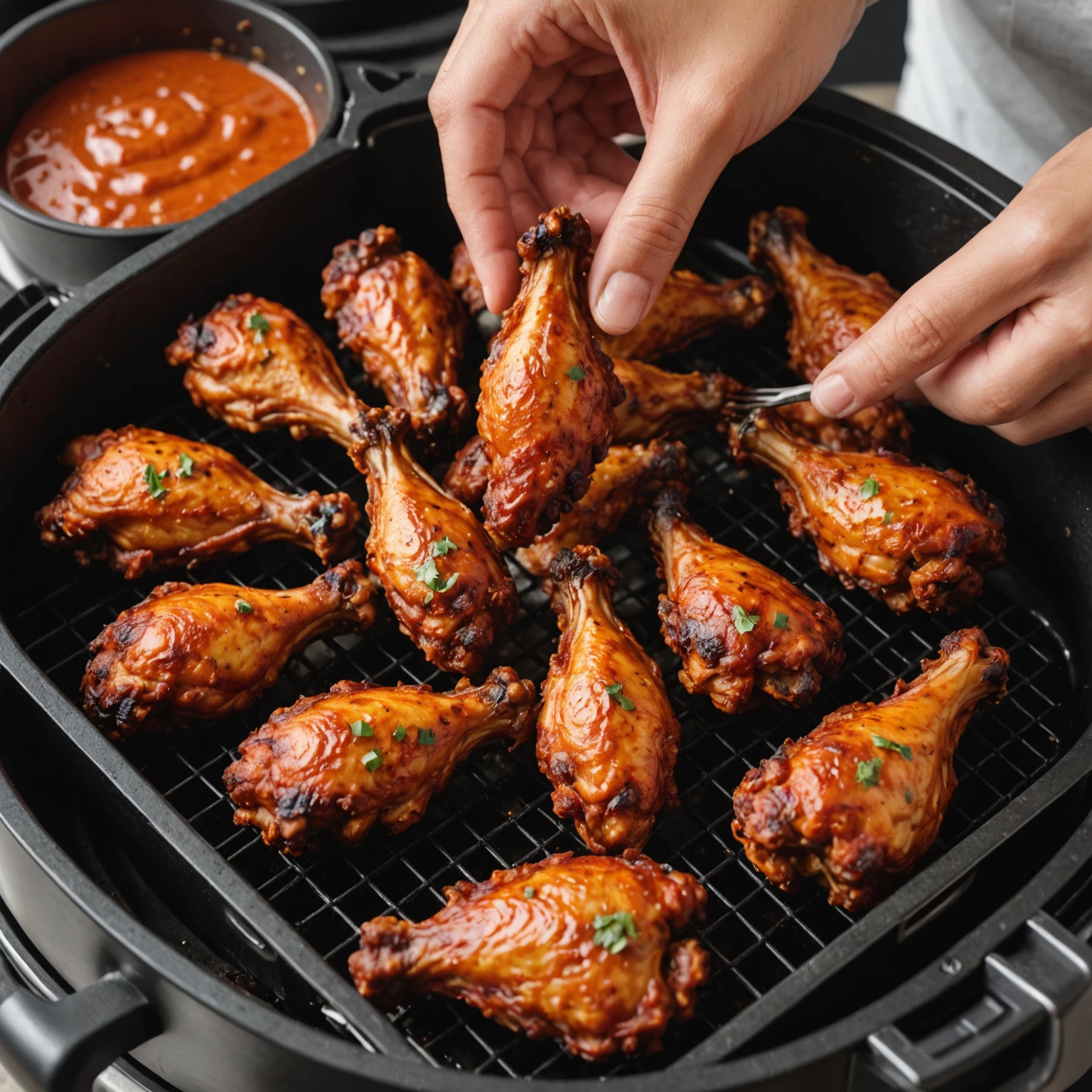 Close-up of crispy tandoori chicken wings on an elevated air fryer rack being flipped with tongs, showcasing vibrant spices and caramelized crispy skin in a modern kitchen setting.