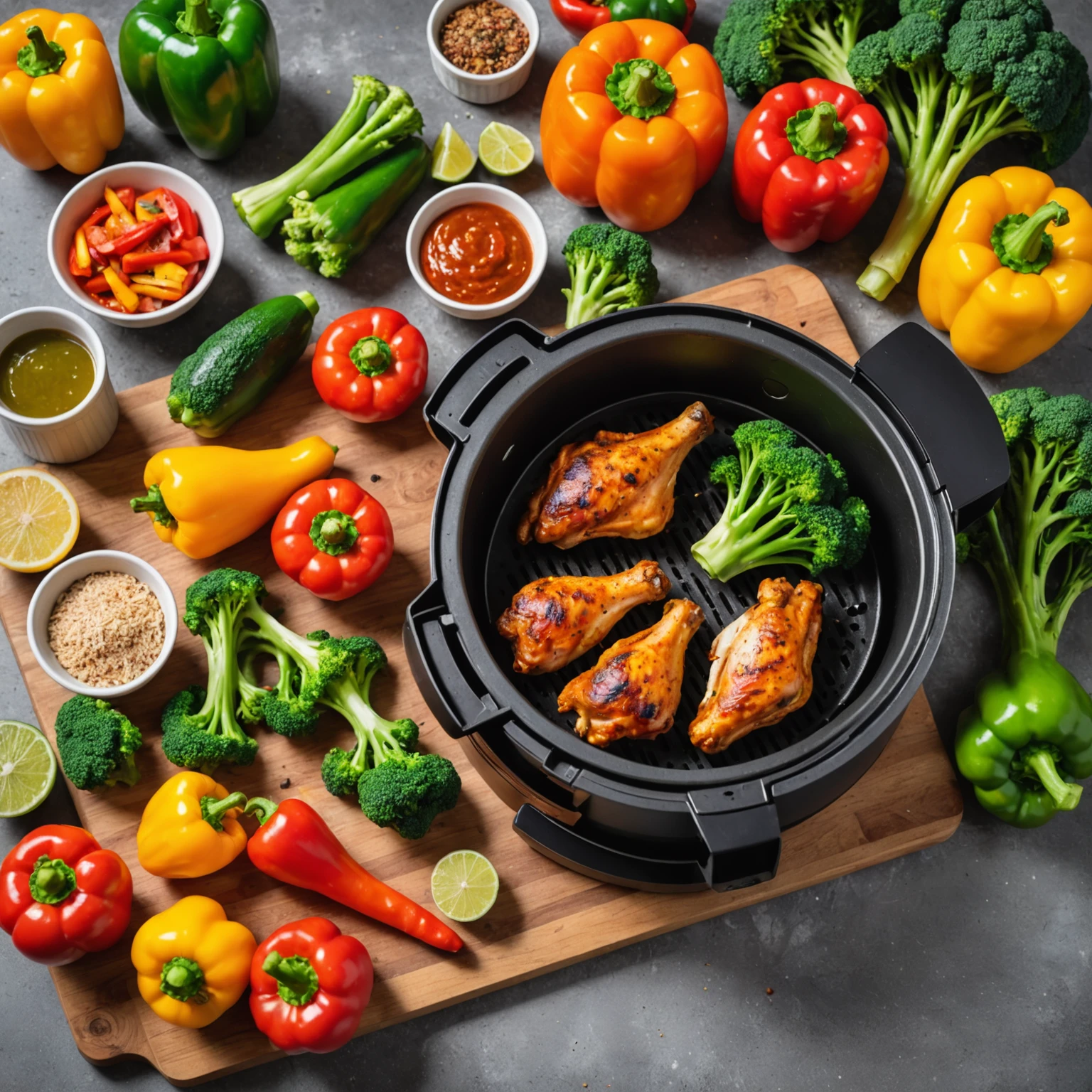 Fresh colorful vegetables and spiced chicken wings displayed on a wooden board near a modern air fryer, symbolizing healthy ingredients for air-fried meals.