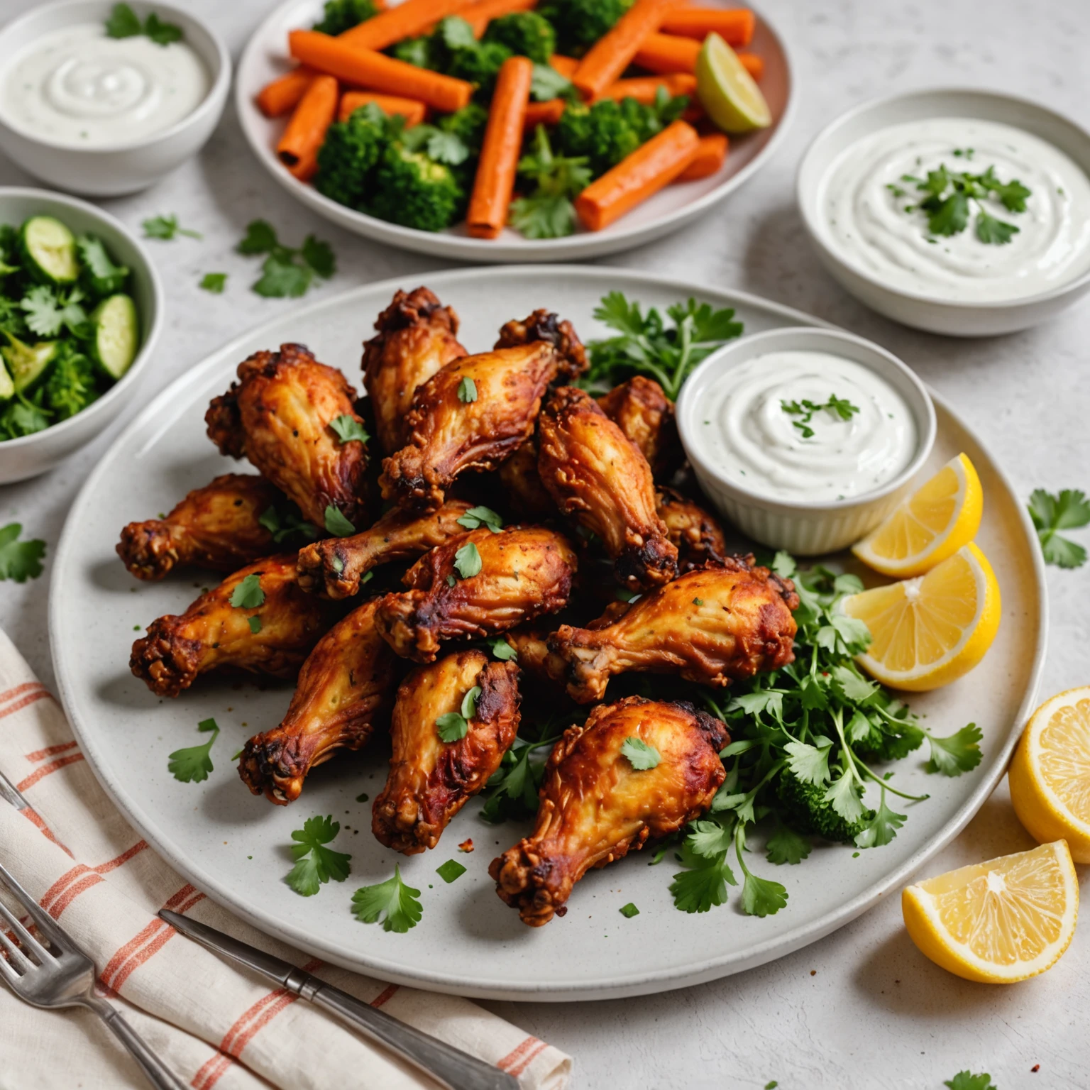 Plated crispy tandoori chicken wings cooked in an air fryer served with steamed vegetables and yogurt dip, presented on a clean ceramic plate.