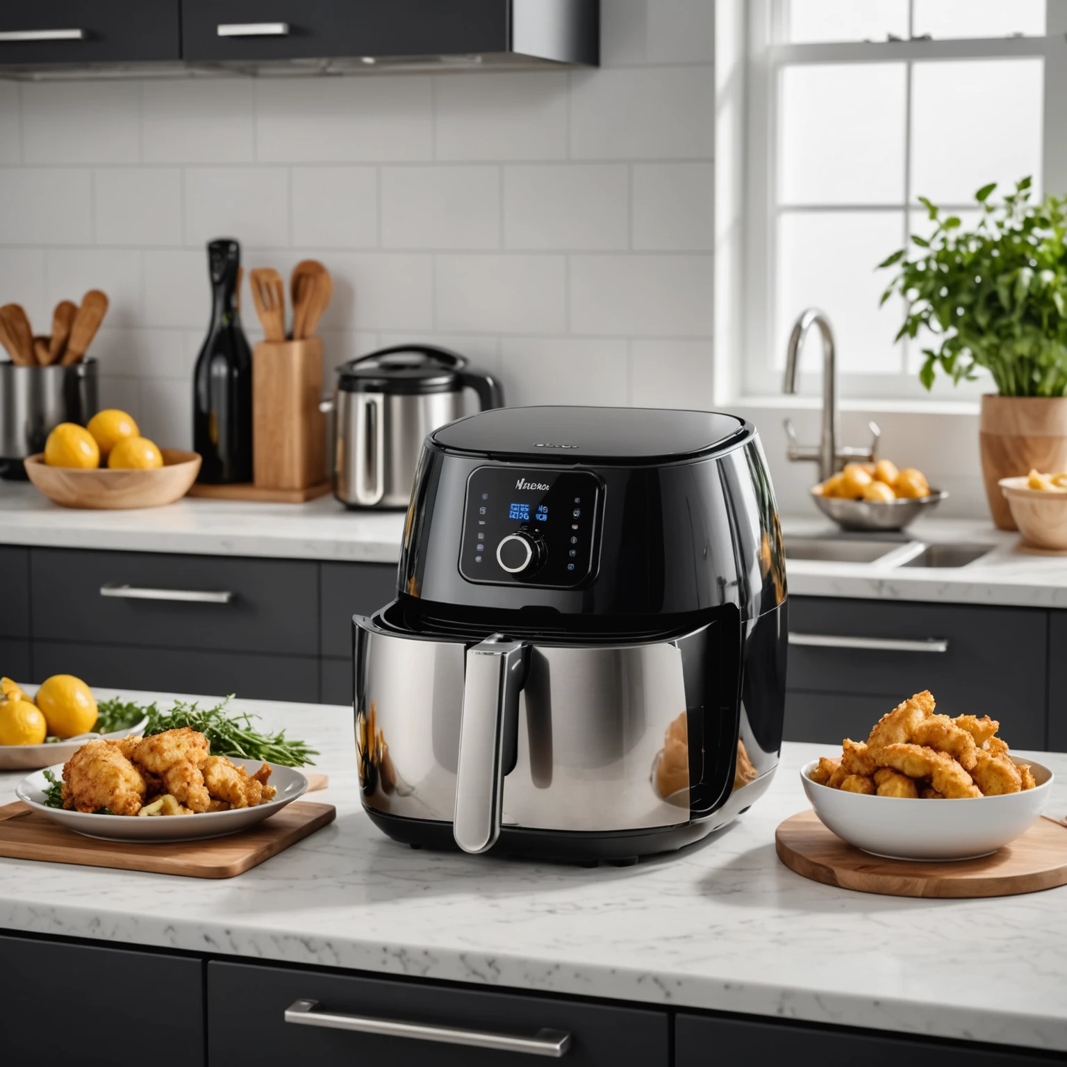 Modern air fryer on a clean kitchen countertop with the basket pulled out displaying crispy golden food, emphasizing appliance maintenance and cooking quality.