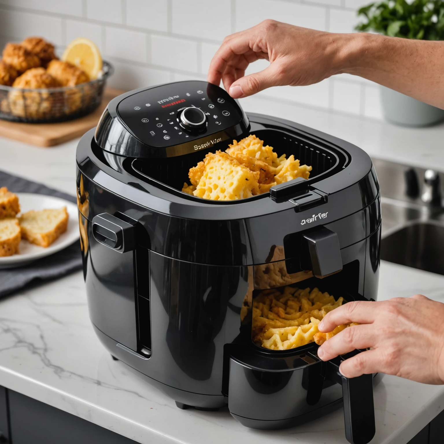 Hands cleaning the removable basket of an air fryer with a soft sponge and warm soapy water, highlighting maintenance and cleaning routine.