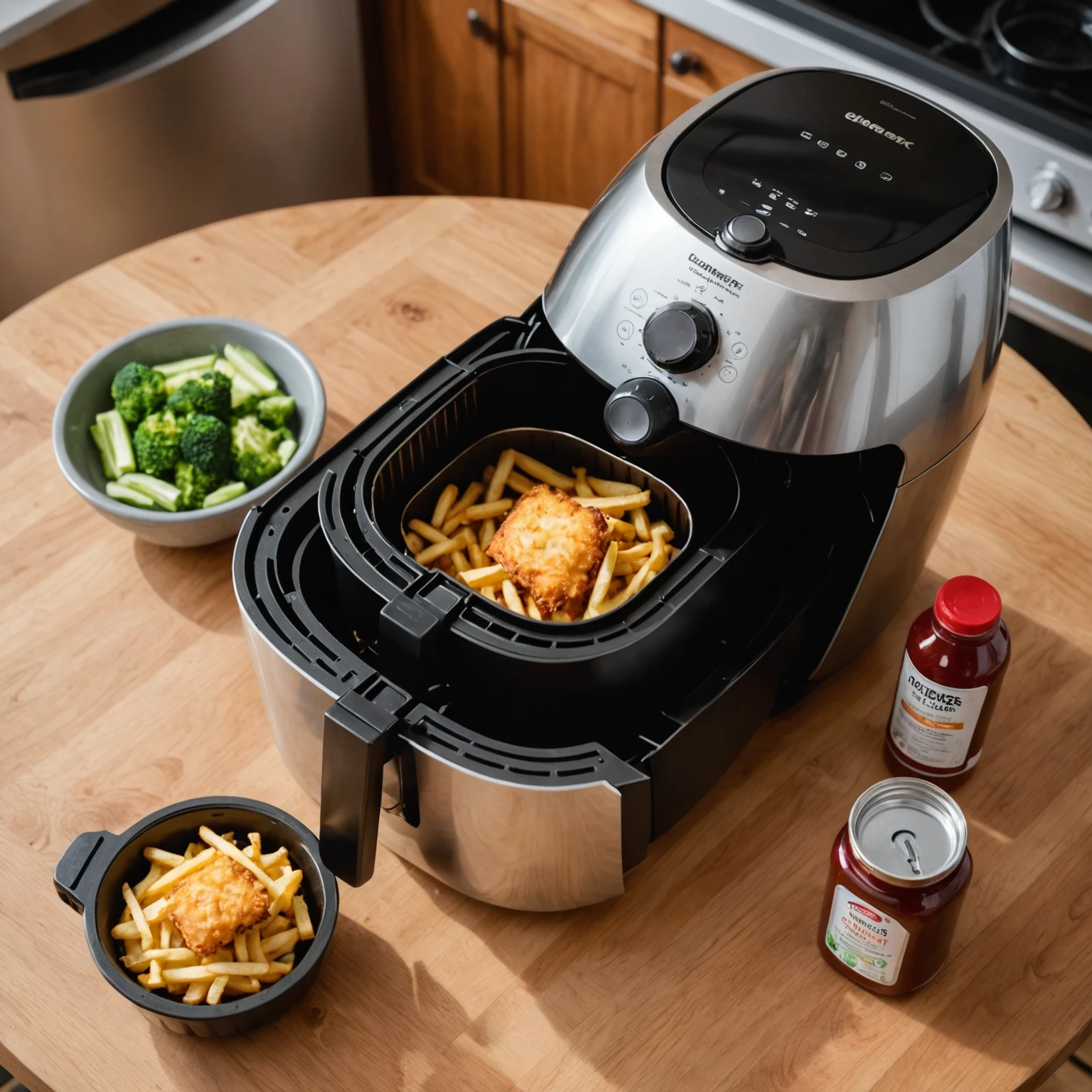 Open air fryer with a sparkling clean interior on a wooden countertop alongside natural cleaning supplies like vinegar, baking soda, soft brush, and microfiber cloth illustrating deep cleaning methods.