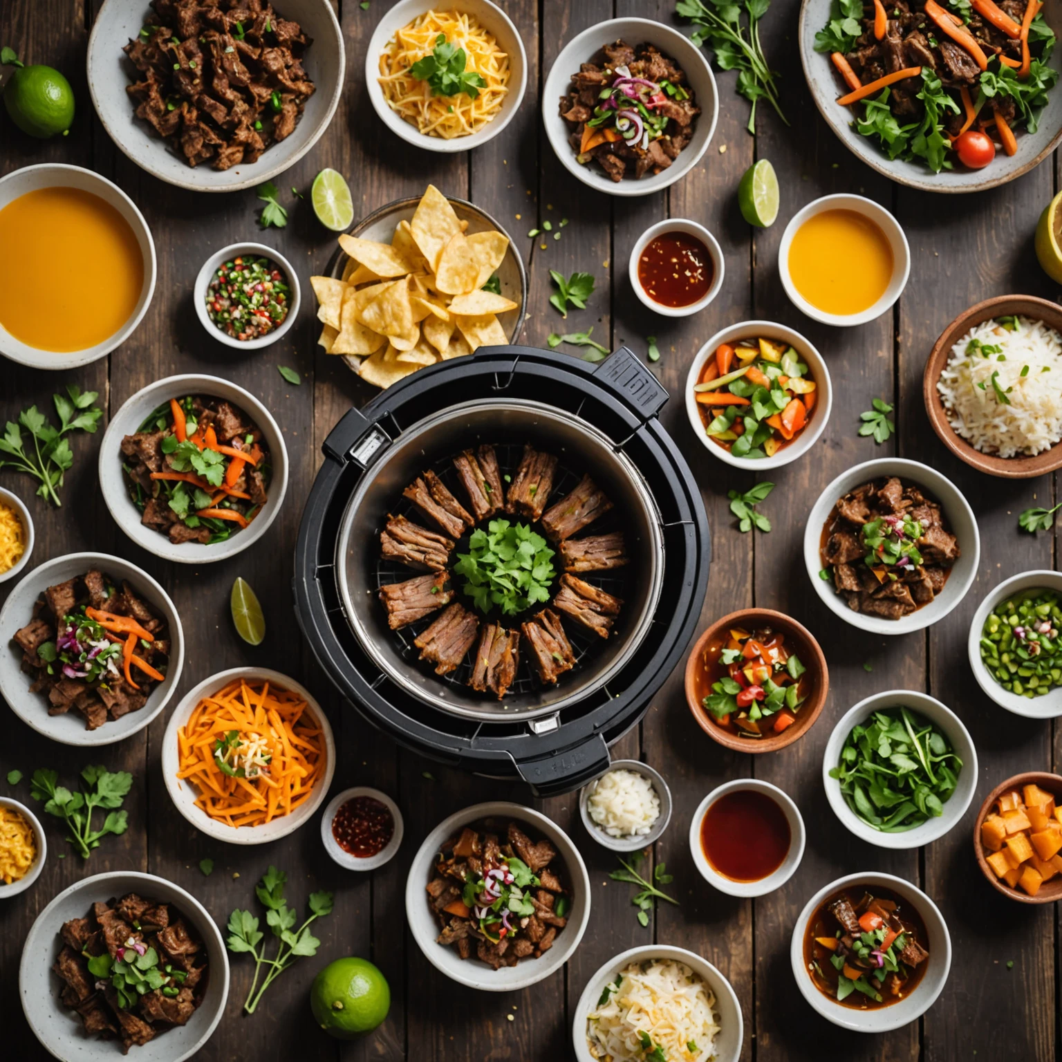 Close-up hero image of an air fryer basket filled with crispy Korean bulgogi beef with fresh herbs and citrus garnishes, placed on a wooden table with a blurred world map background, representing global flavors through air cooking.