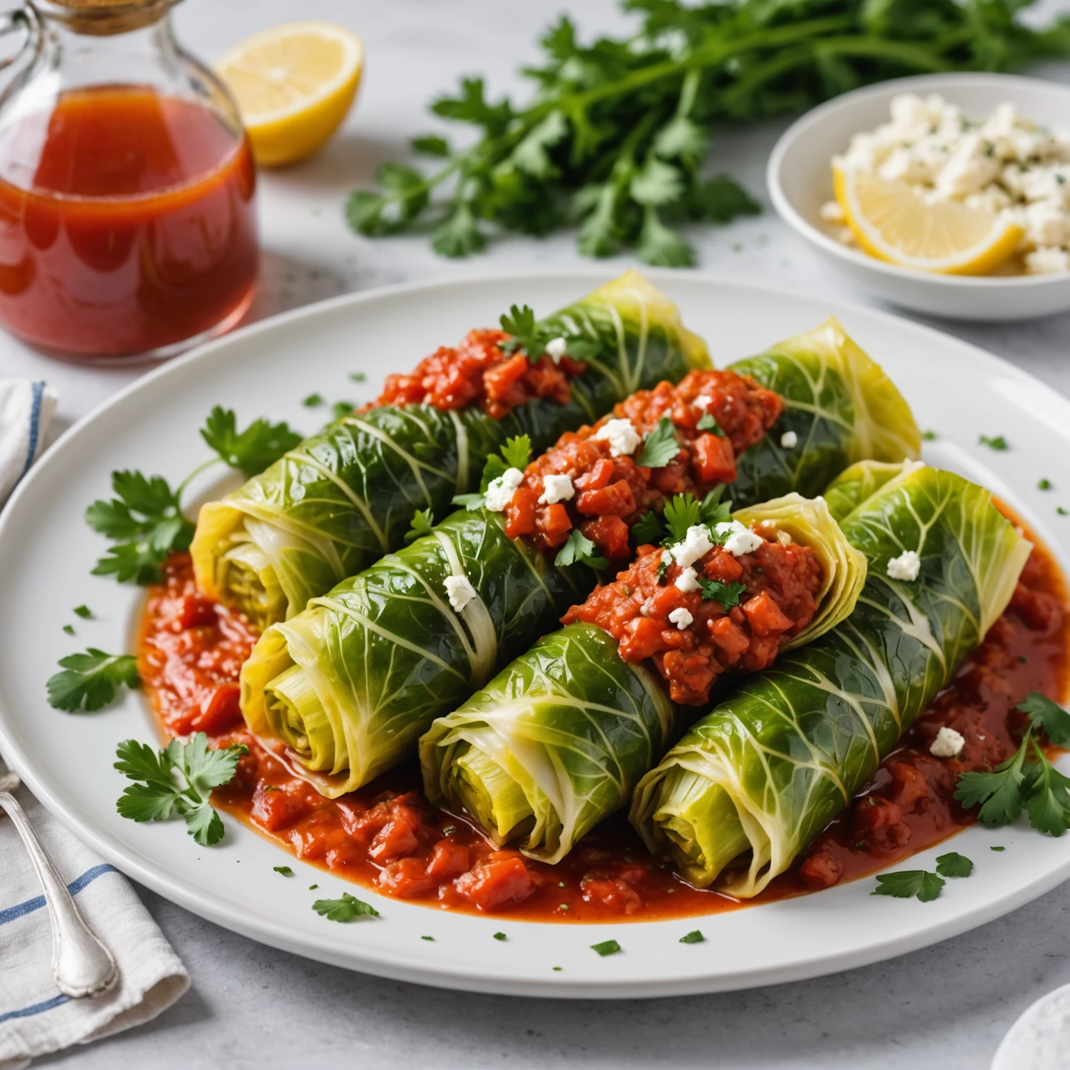 Plate of air-fried Mediterranean stuffed cabbage rolls topped with tomato sauce, feta, and parsley on a kitchen counter surrounded by herbs and lemons, showcasing vibrant international cuisine.