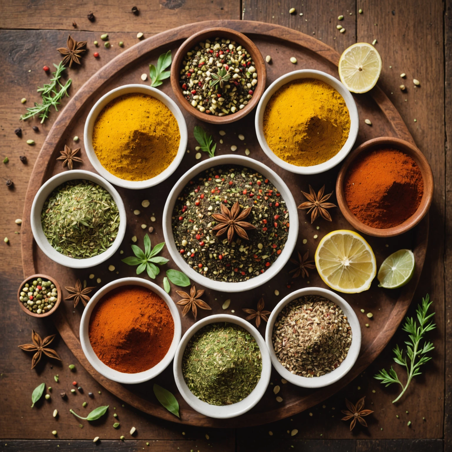 Close-up of assorted international spice blends in small bowls scattered with fresh herbs and lemon on a wooden surface, representing global flavors for air cooking.