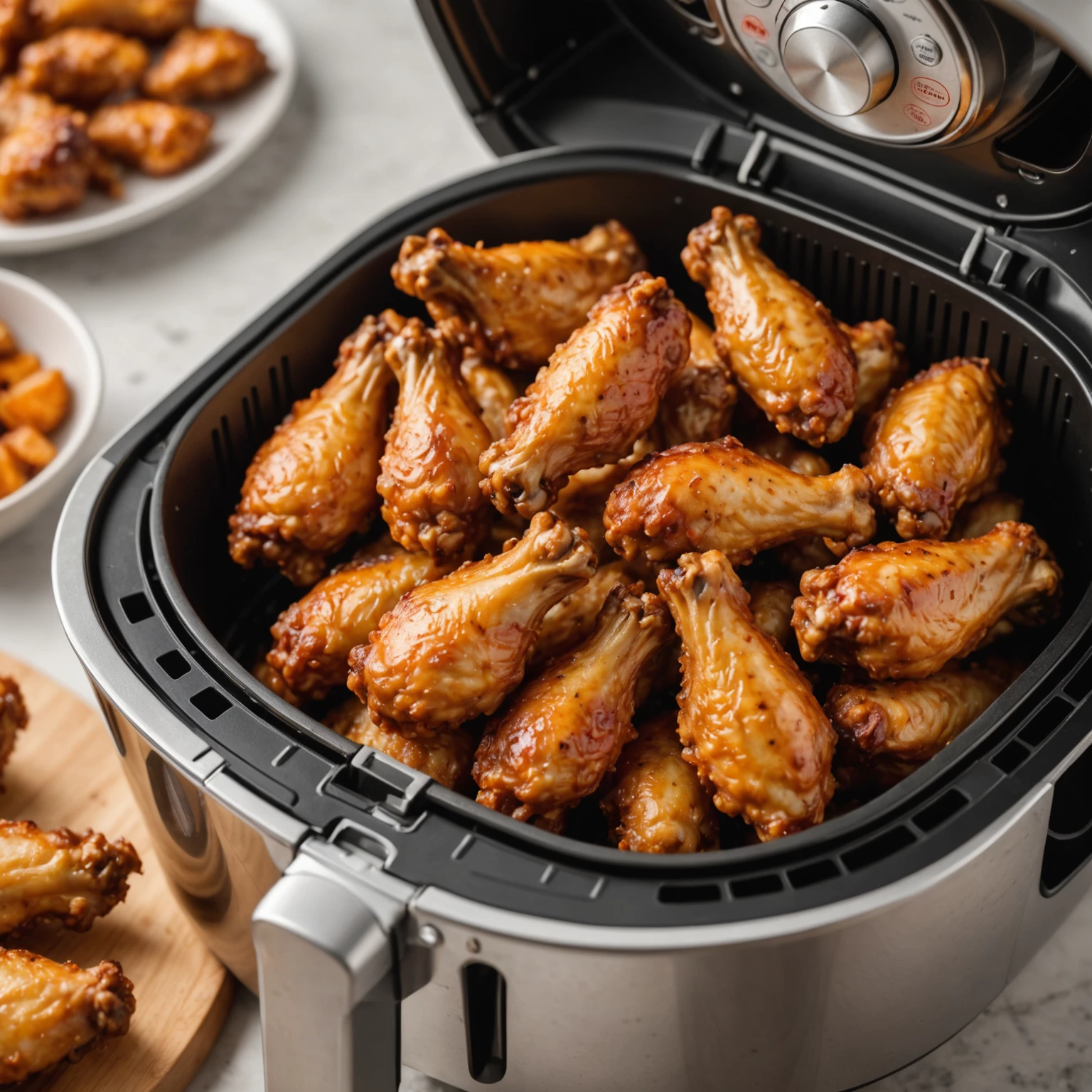Air fryer basket with staggered, crispy chicken wings spaced to allow optimal airflow for even cooking