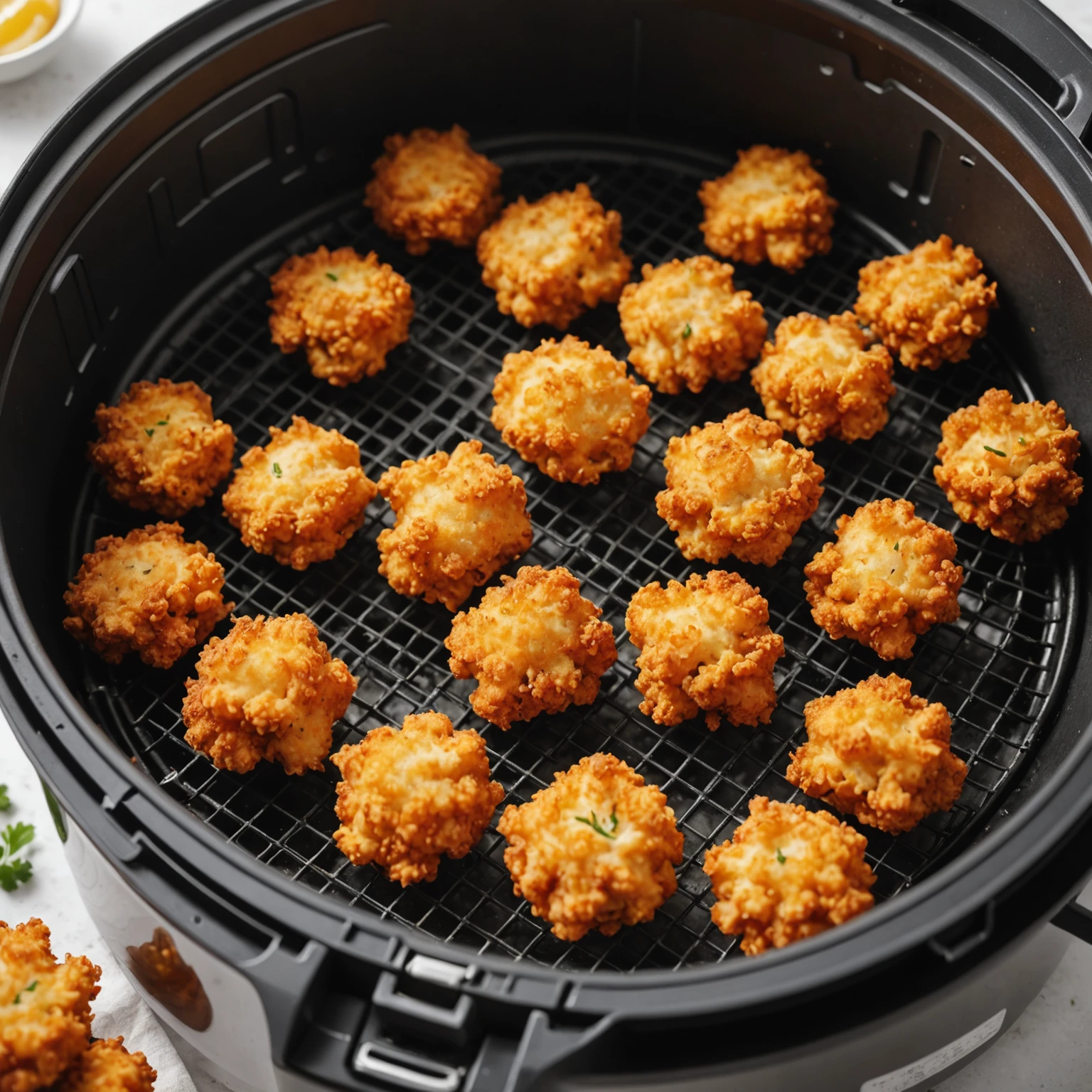 Air fryer basket with double-layer racks displaying evenly spaced, crispy breaded vegetable bites allowing good air circulation for even cooking
