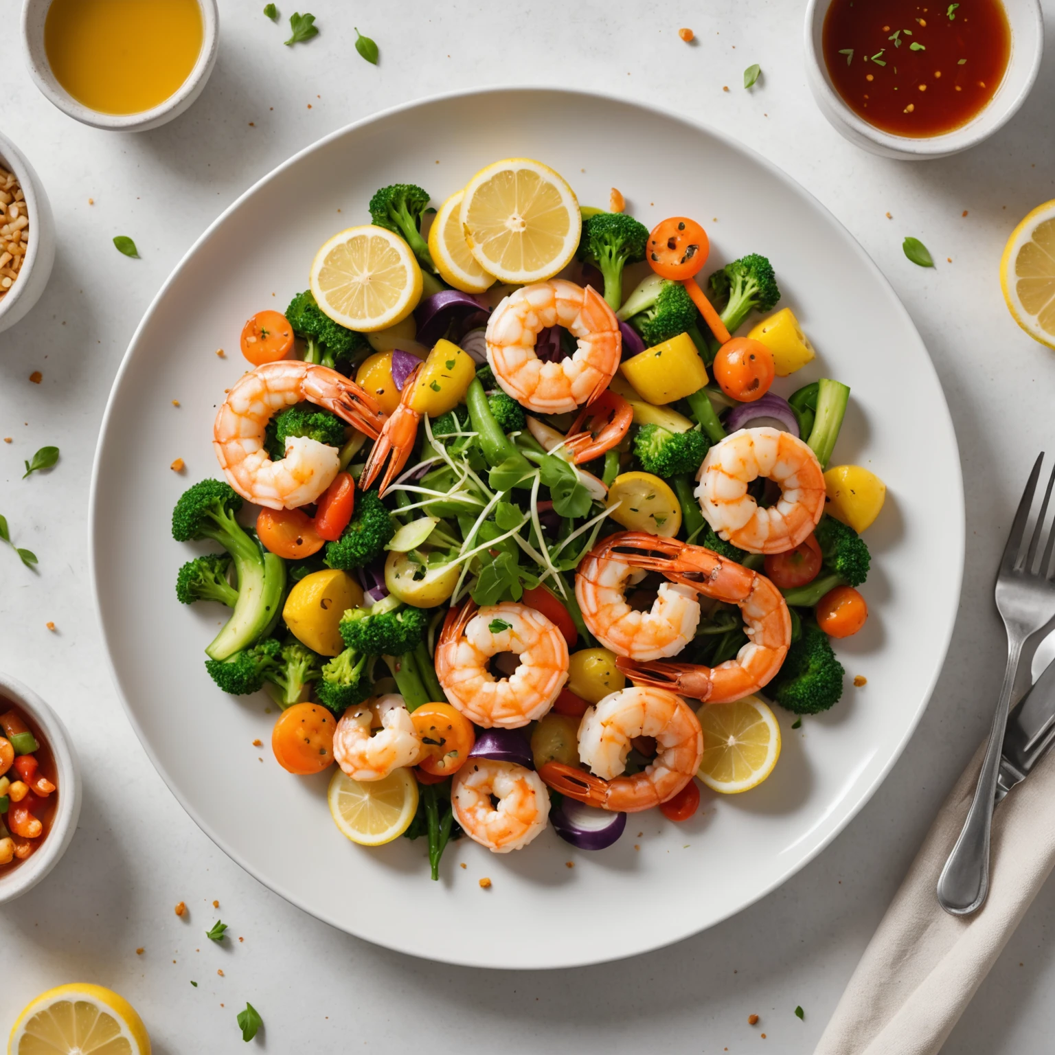 A gourmet plate of air-fried lemon garlic shrimp with a colorful medley of fresh vegetables arranged elegantly, representing a gut-healthy balanced meal.