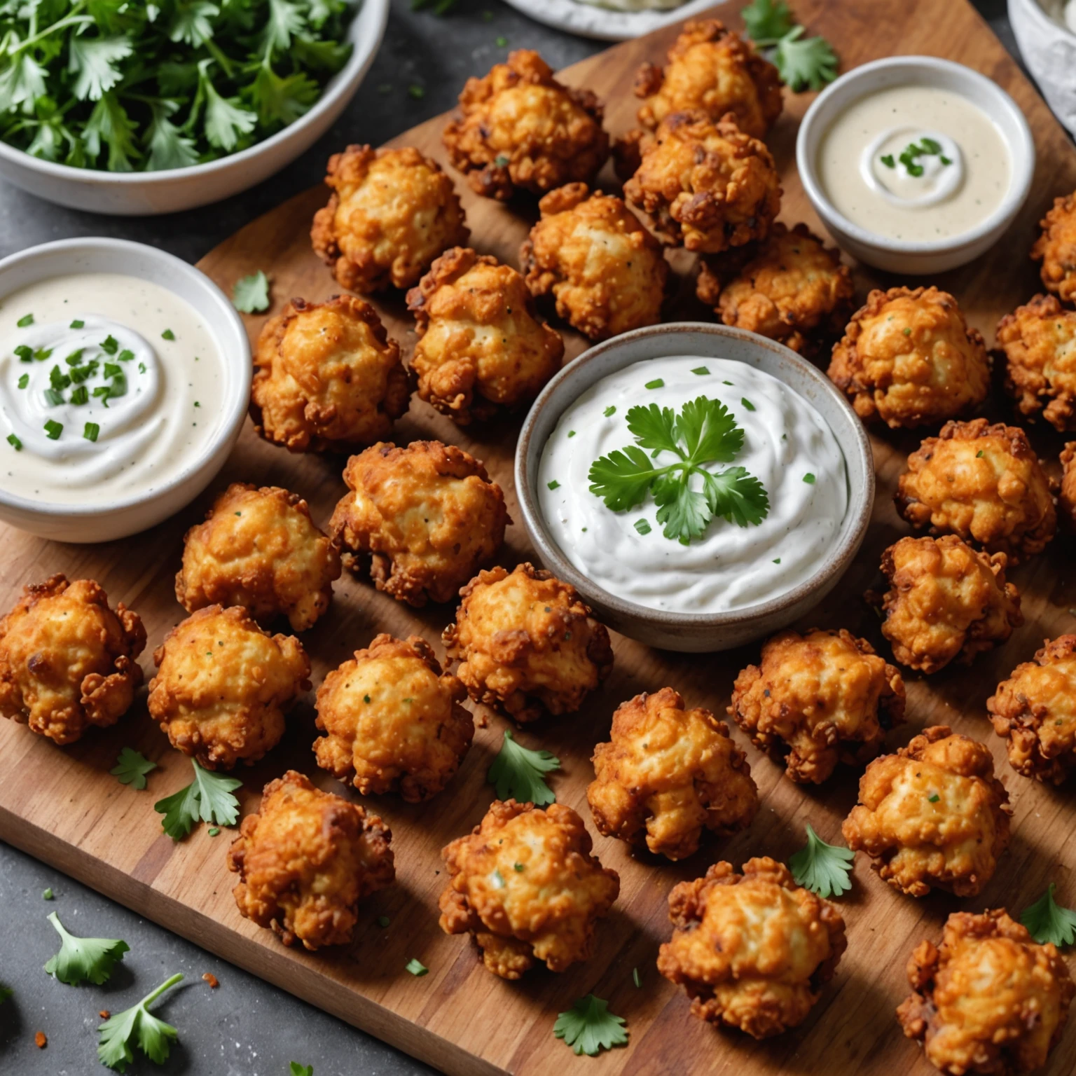 Close-up of crispy air-fried buffalo cauliflower bites with a creamy dip on a rustic wooden board, highlighting a nutritious, gut-friendly appetizer.