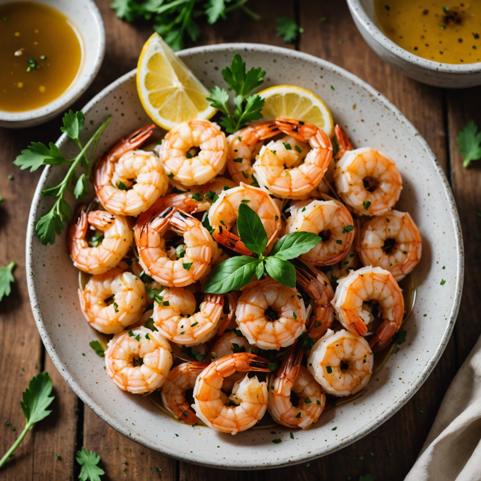 Close-up of golden air fried lemon garlic shrimp in a bowl with dipping sauce and fresh herbs on a wooden table, highlighting texture and freshness for meal prep.
