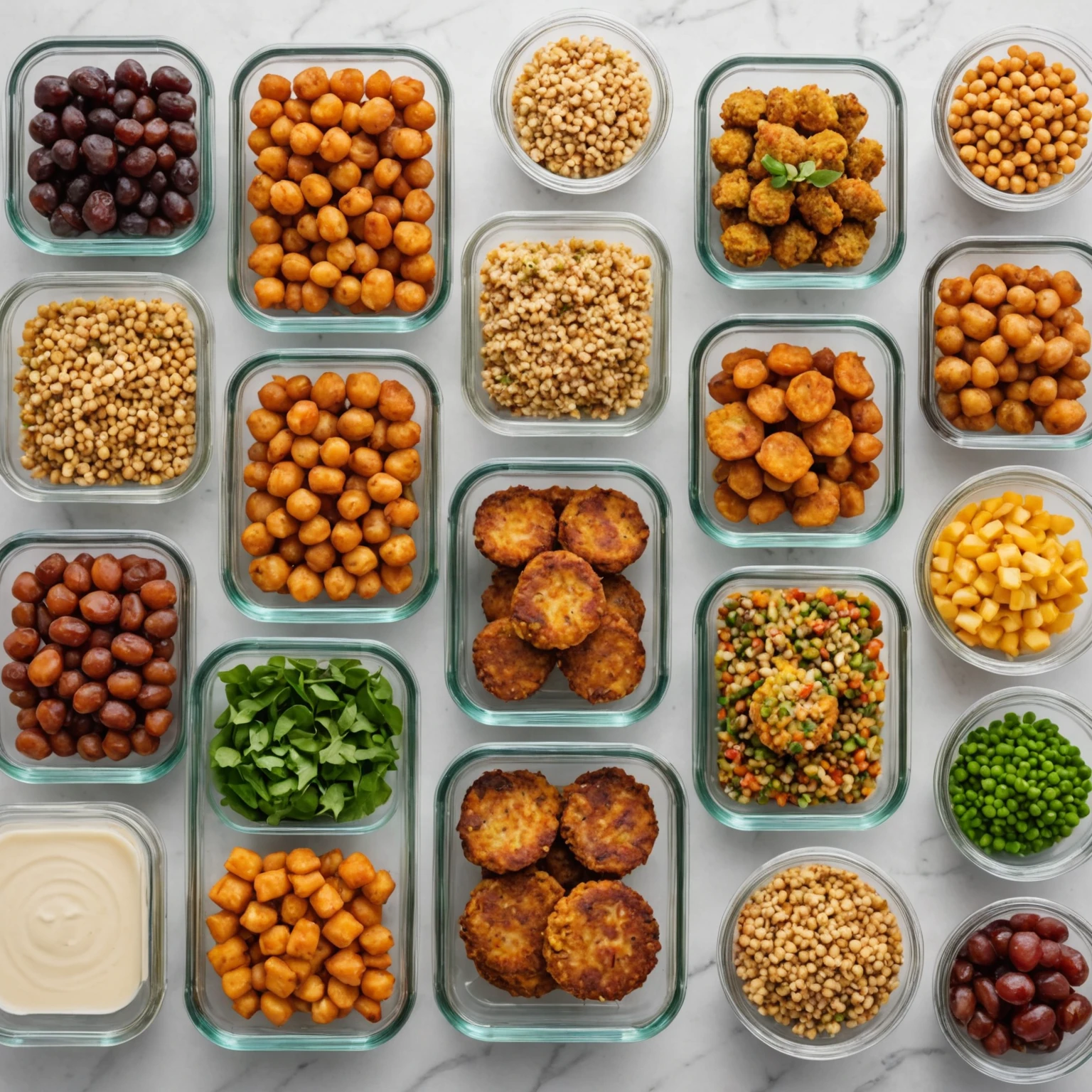 Overhead view of labeled airtight glass containers with portioned air-fried meals including veggie patties and roasted vegetables on a white countertop, demonstrating organized meal prep storage.