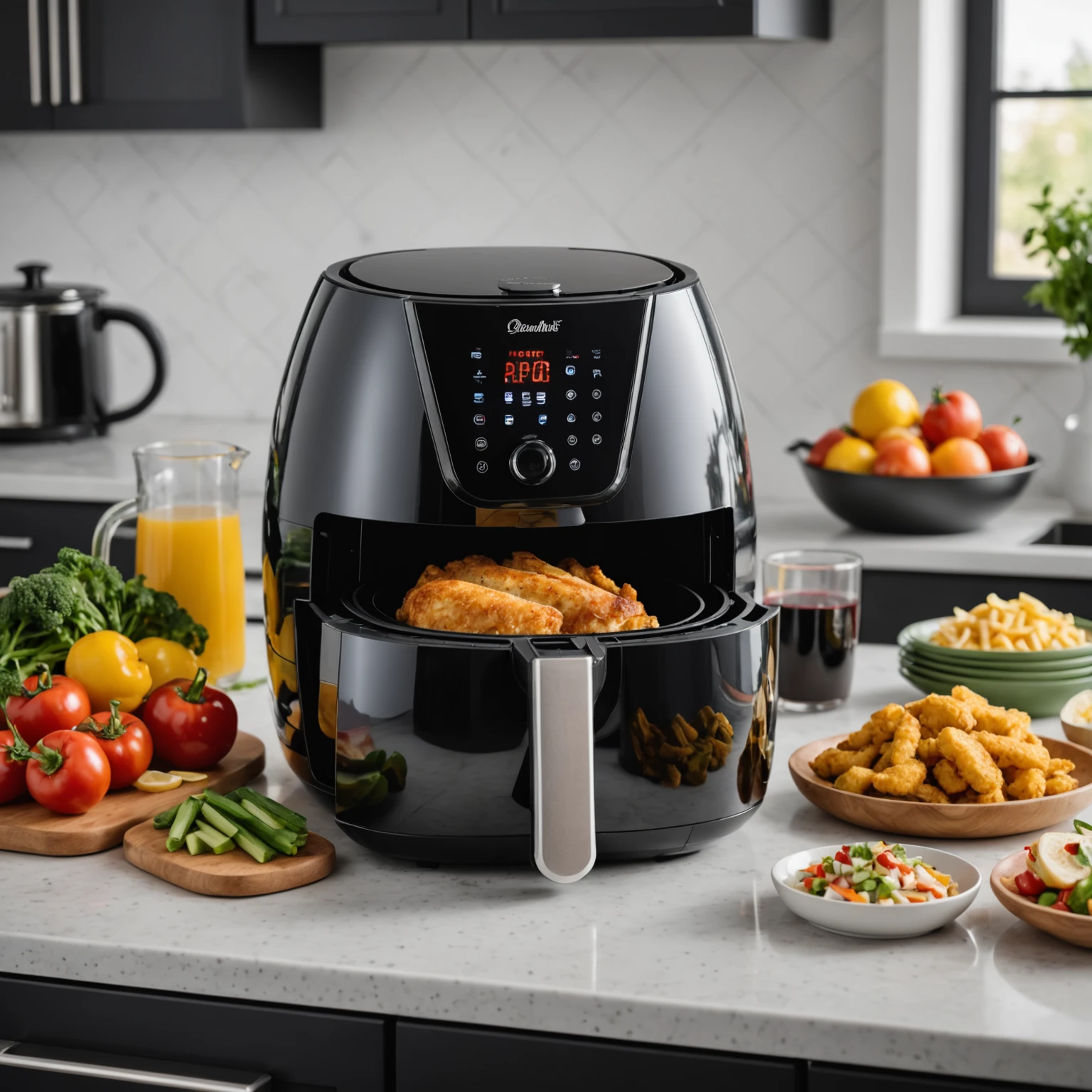 Modern air fryer with digital temperature and time controls on a kitchen counter surrounded by fresh vegetables, chicken breast, and frozen snacks.