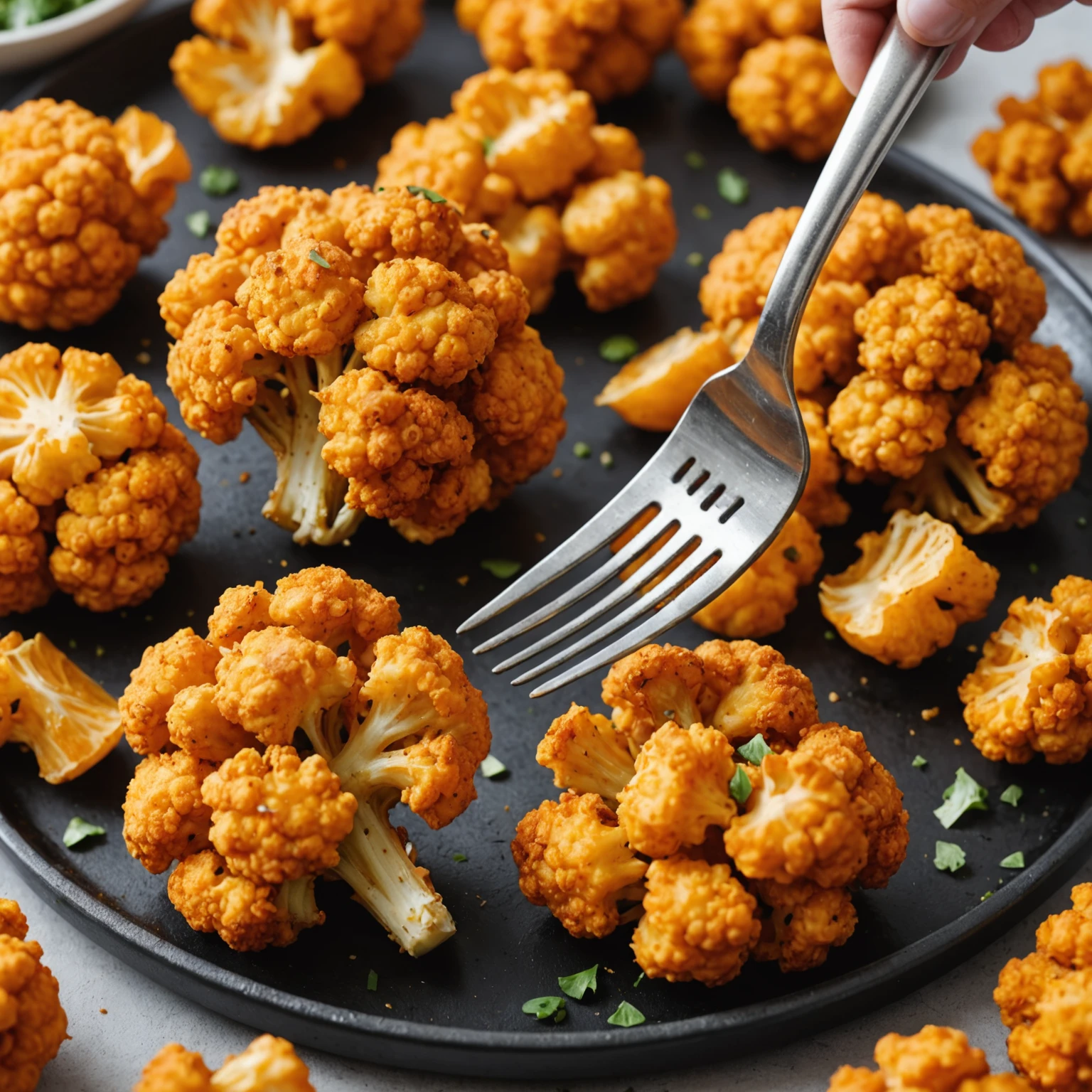Close-up of a golden crispy air-fried buffalo cauliflower bite on a fork, highlighting a crispy exterior and moist interior.