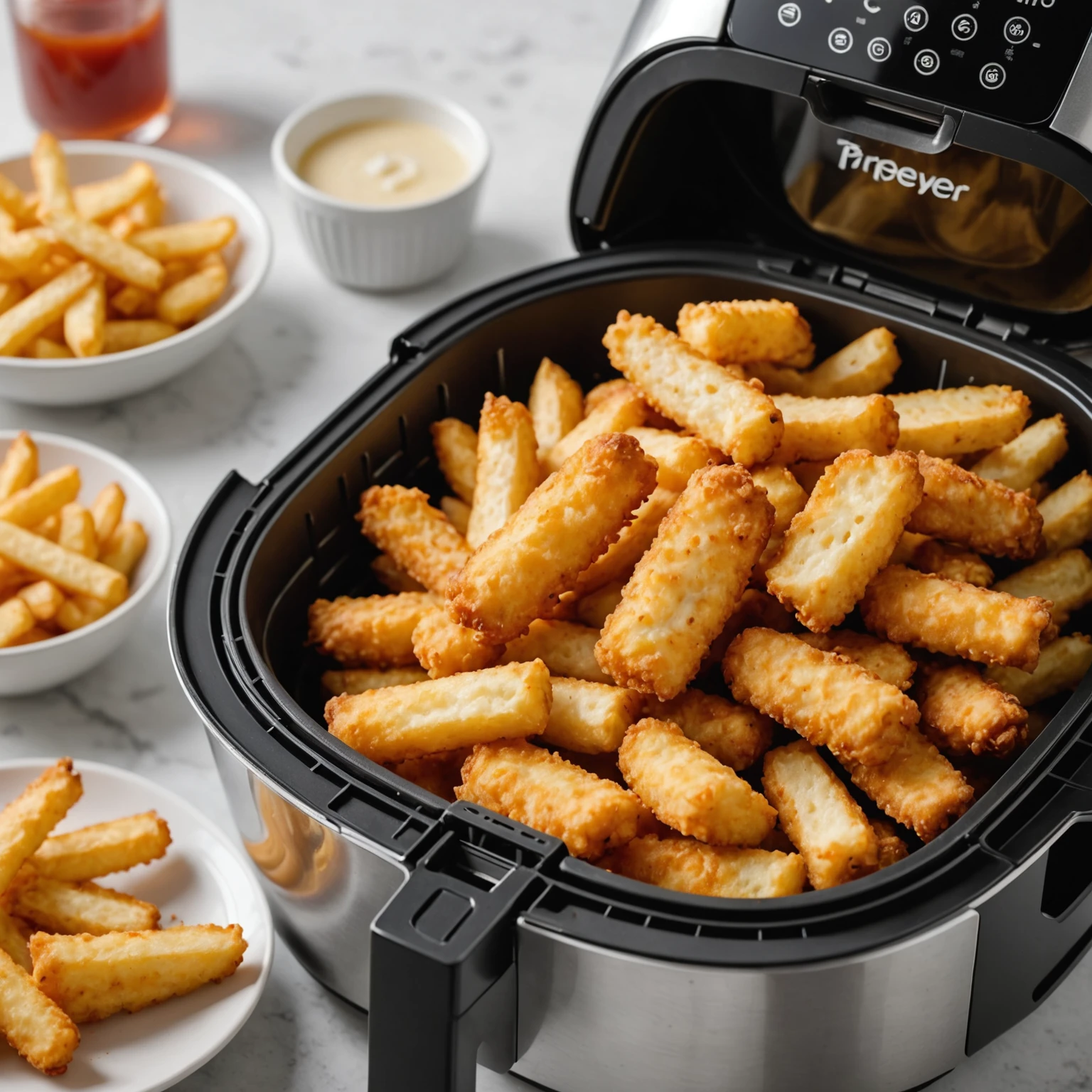 Air fryer basket filled with golden crispy frozen snacks like fries and chicken nuggets, steaming fresh from cooking.