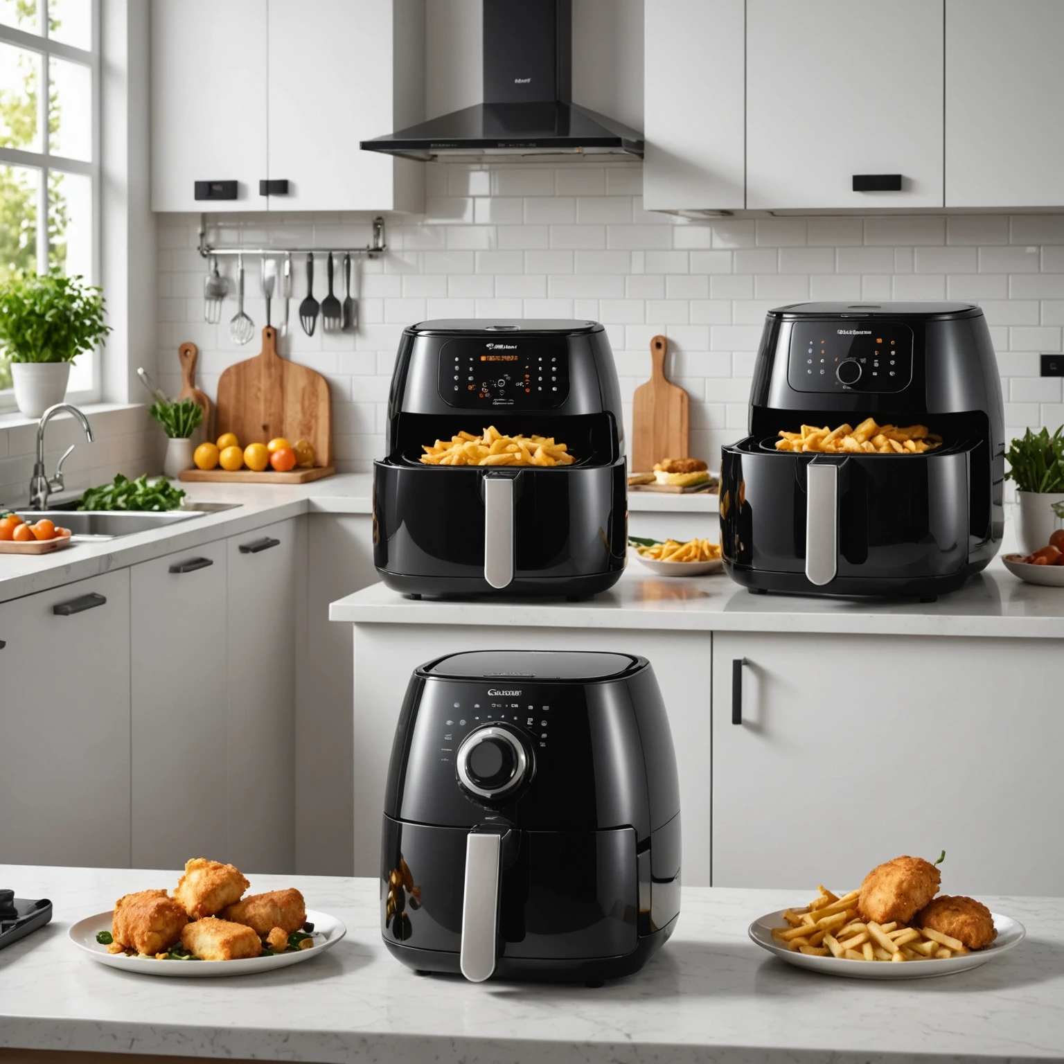 Side-by-side view of air fryer, deep fryer, and electric oven in kitchen, highlighting their environmental impact differences with infographic overlays.