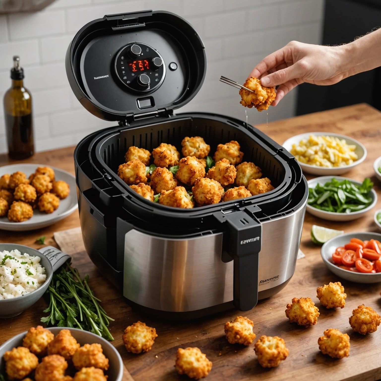 Hand placing reusable silicone liner inside an air fryer basket with crispy cauliflower bites, highlighting sustainable cooking accessories.