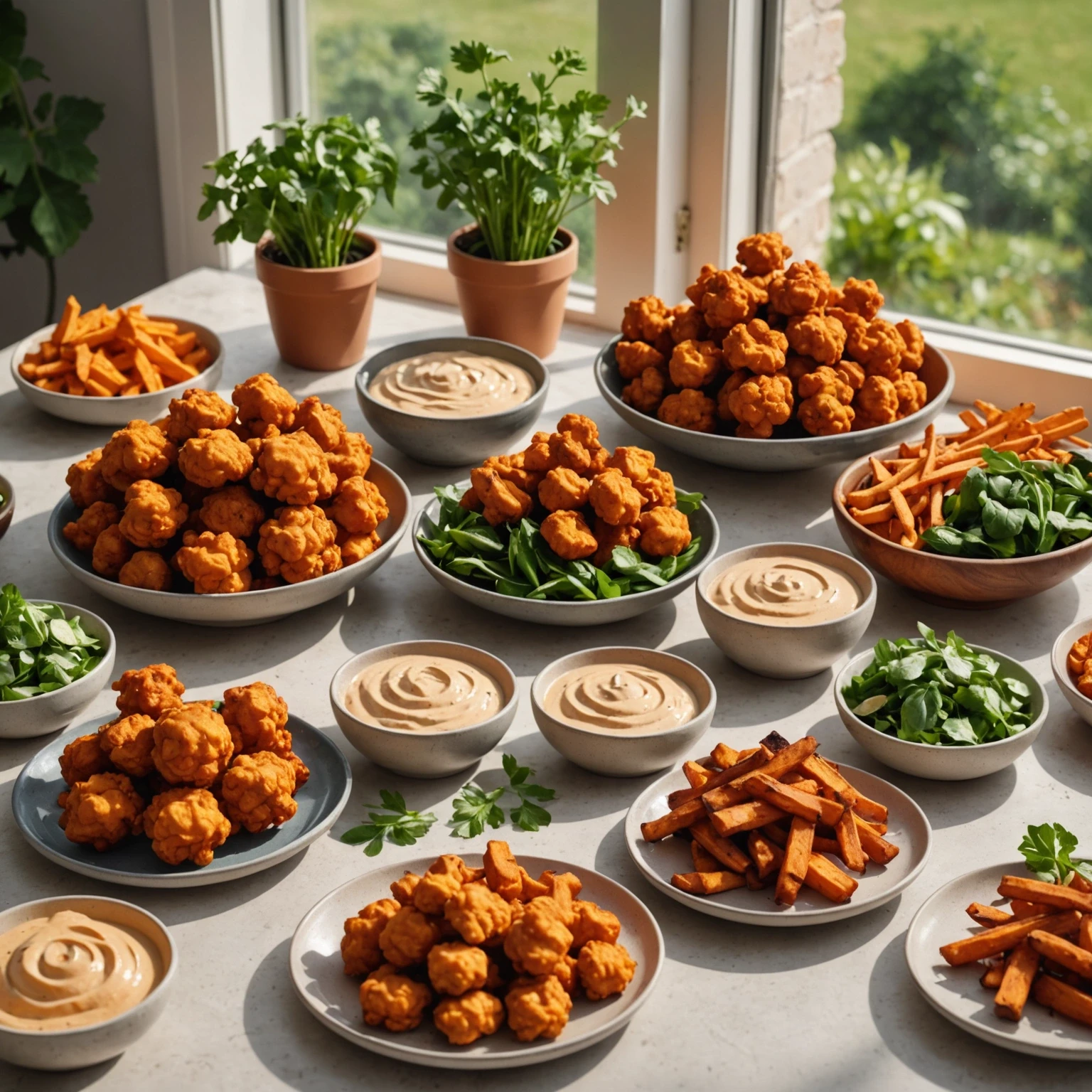 Eco-friendly kitchen table with air-fried buffalo cauliflower bites, sweet potato fries, and chipotle mayo dip, surrounded by fresh herbs and seasonal vegetables.