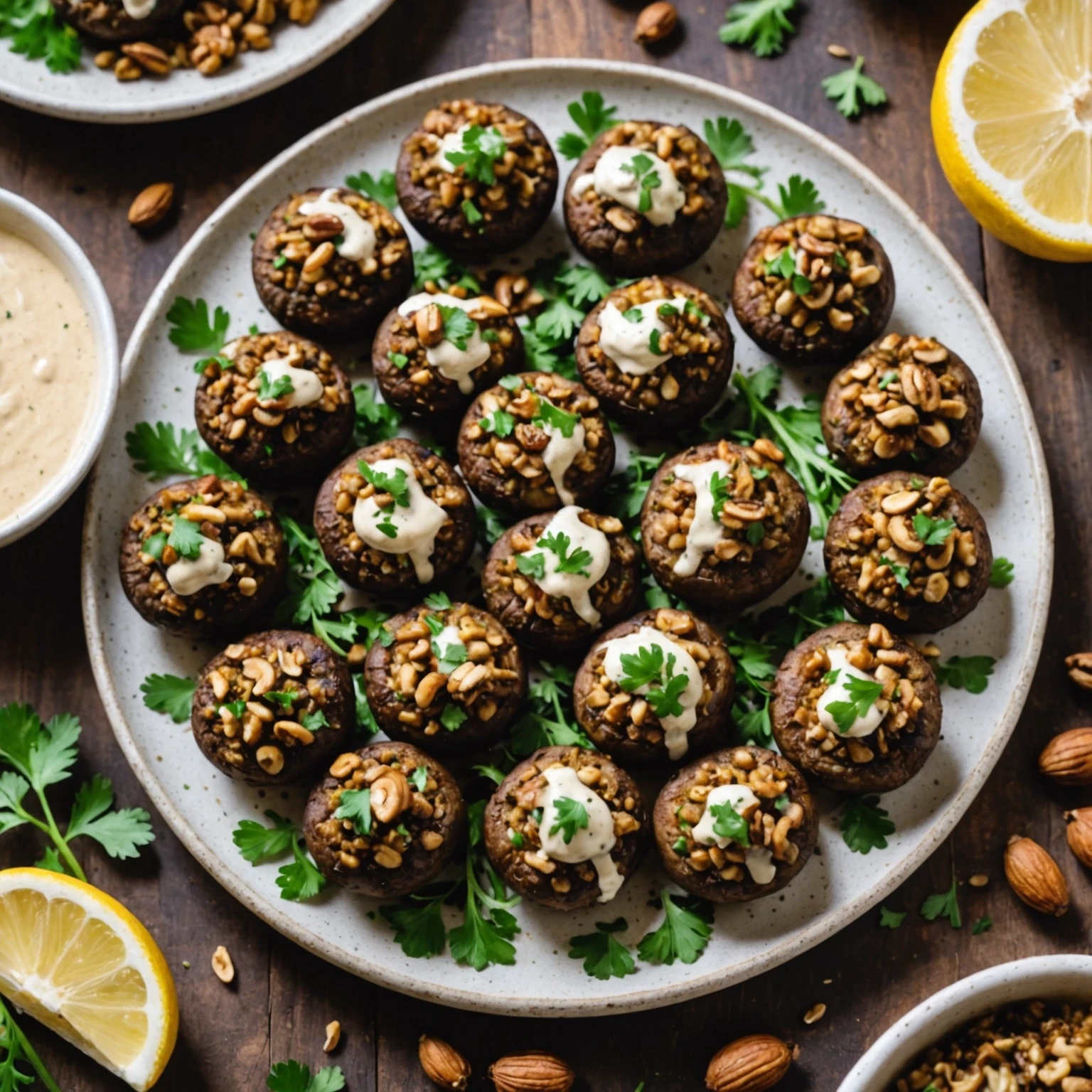 Air Fryer Lentil and Walnut Stuffed Mushrooms with Tahini Drizzle