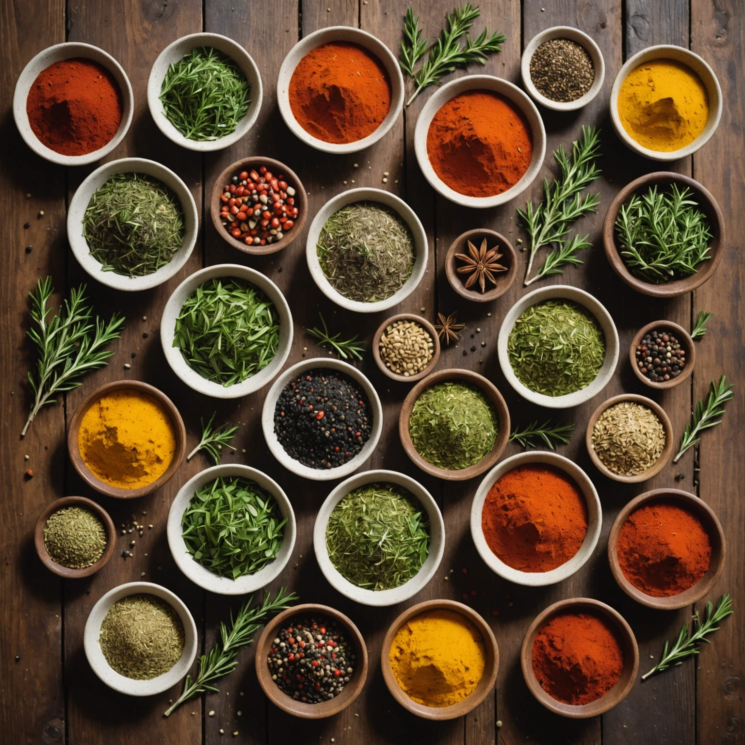 Close-up of bowls and jars containing dried herbs, spices and fresh sprigs arranged on a rustic wooden surface, showcasing essential air fryer pantry flavor boosters.