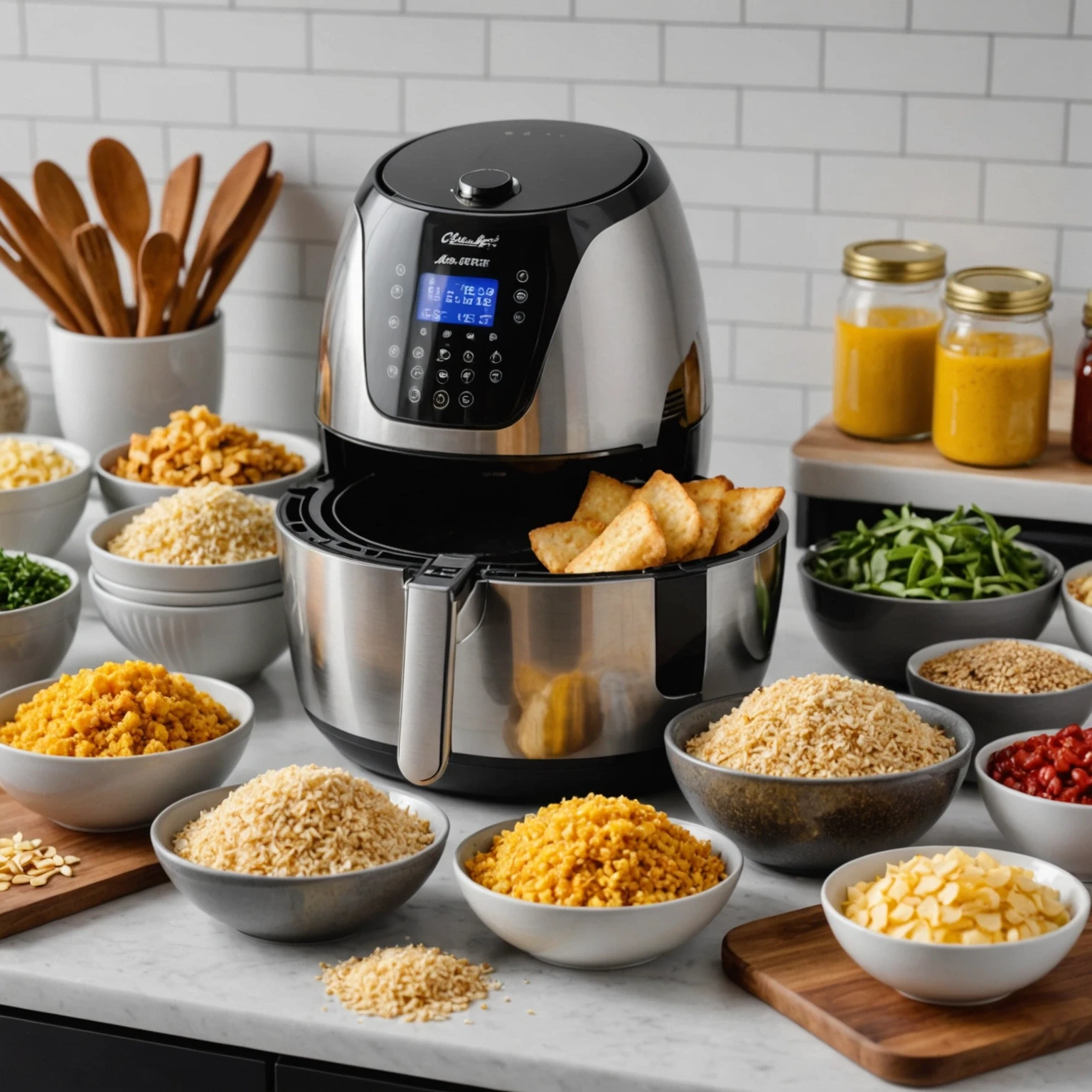 Assortment of coating and crunch enhancer ingredients in glass jars on a kitchen countertop ready for use in air fryer recipes, styled with warm, natural light.