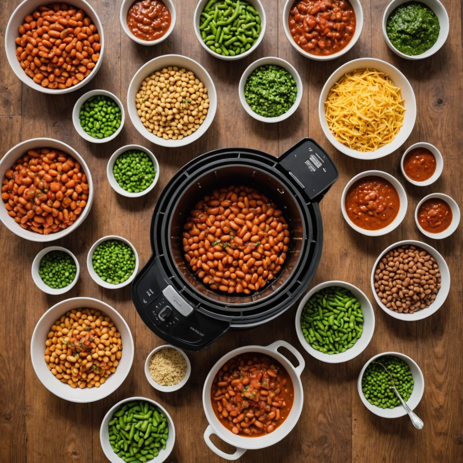Overhead view of meal prep ingredients including canned beans, frozen vegetables, and jarred sauces next to an air fryer ready for cooking, illustrating quick pantry staples.