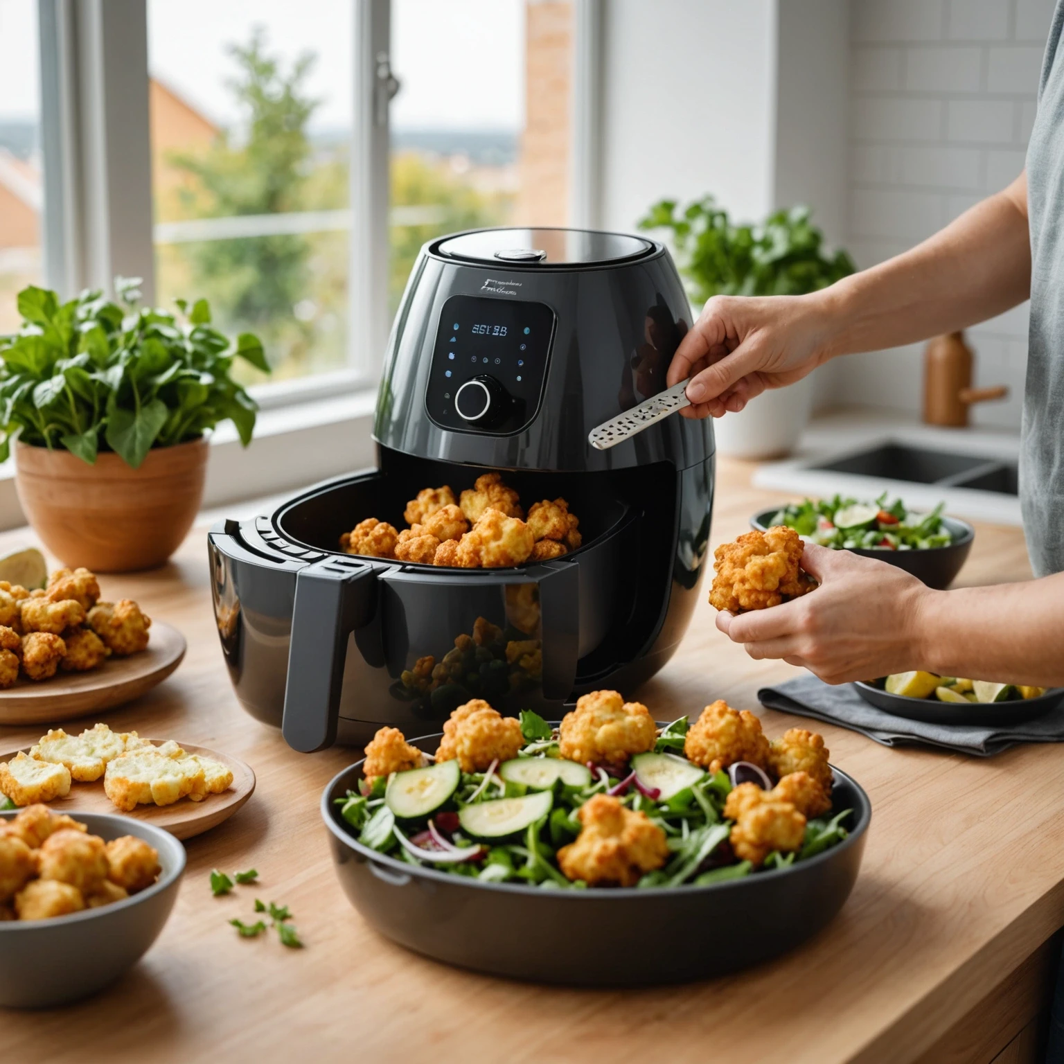 Hand holding a crispy air-fried cauliflower bite over fresh green salad, modern kitchen with air fryer and fresh ingredients in the background.