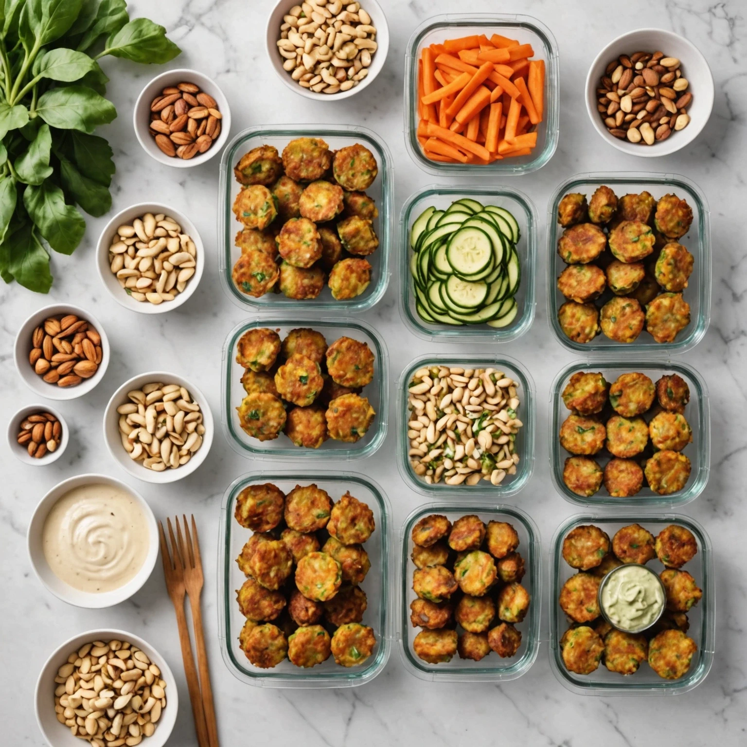 Flat lay of meal prep containers with portioned air-fried zucchini fritters, nuts, vegetable sticks alongside a snack timing notebook and smartphone with health app.