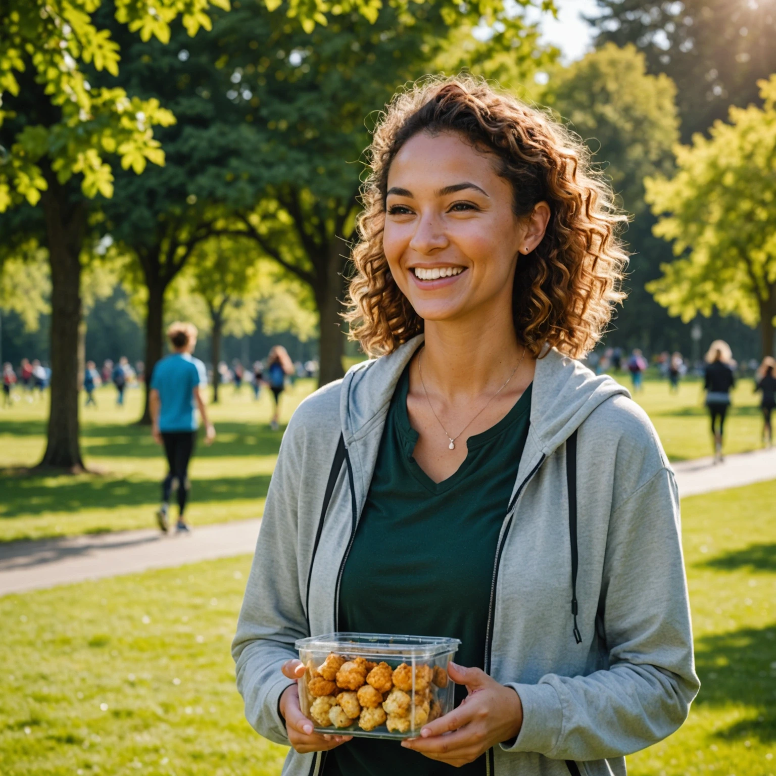 Active young woman outdoors enjoying air-fried crispy cauliflower bites snack from a reusable container, smiling and energized in a sunny park setting.