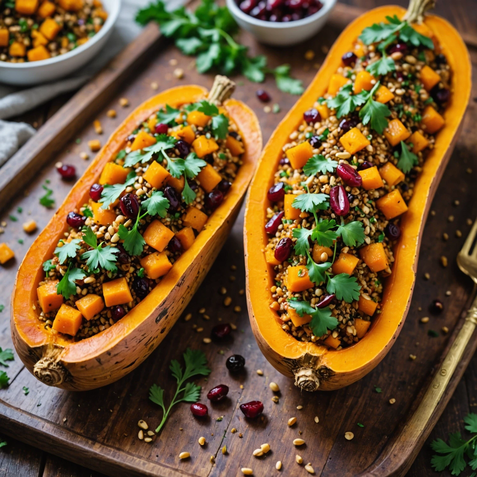 Air Fryer Vegan Stuffed Butternut Squash Boats with Quinoa and Cranberries