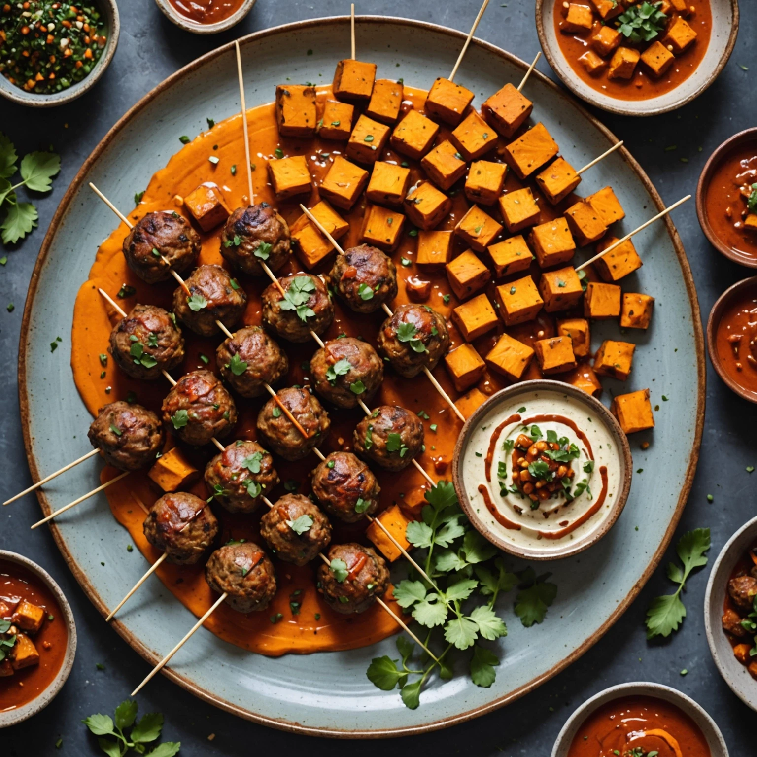 Air Fryer Beef and Sweet Potato Meatball Skewers with Spicy Harissa Sauce