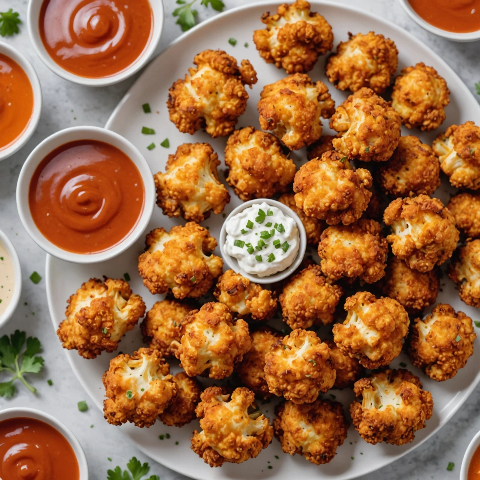 Close-up image of golden crispy air fryer cauliflower bites served with flavorful dipping sauces, highlighting their crunchy texture.