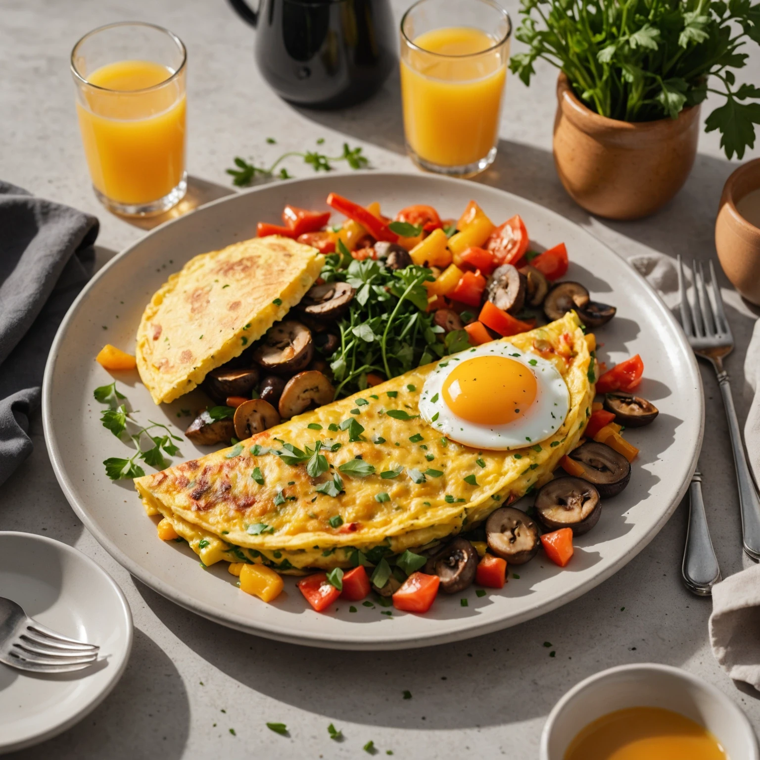Breakfast table with a gourmet omelet containing chopped air fryer vegetables, accompanied by coffee and orange juice, bathed in warm morning light.