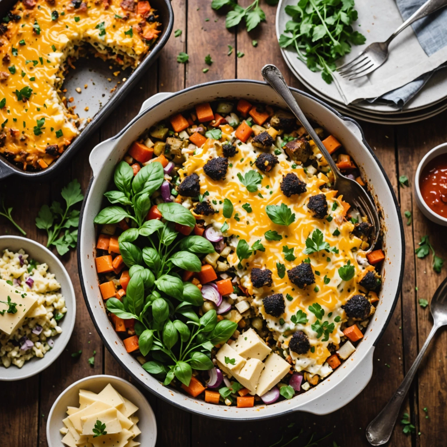 Close-up of a freshly baked layered casserole made with air fryer leftovers, showing melted cheese and colorful ingredients in a rustic setting.