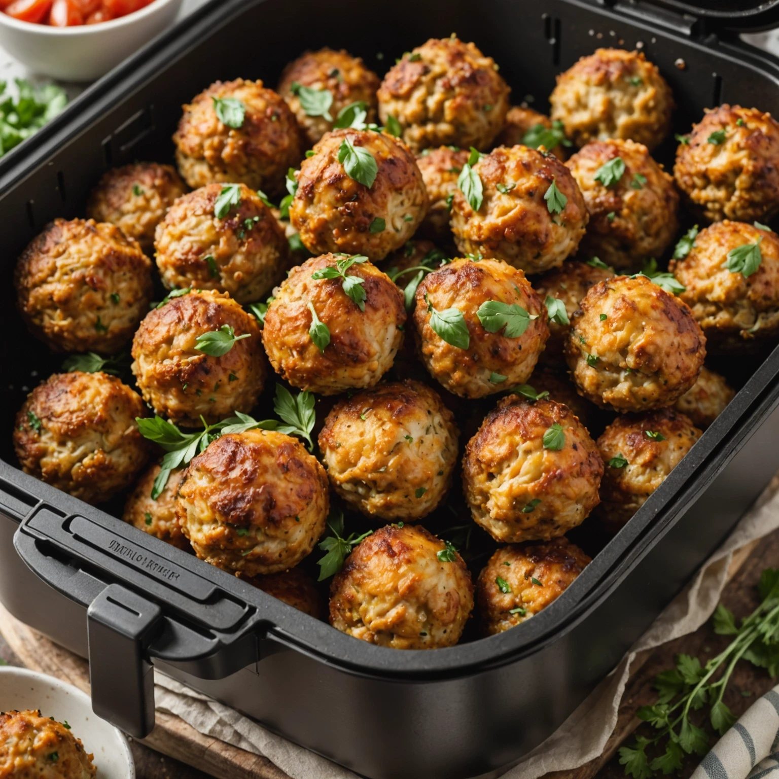 Close-up of crispy herb-crusted turkey meatballs cooked in an air fryer basket, showcasing the golden texture and fresh herbs for a healthy meal.