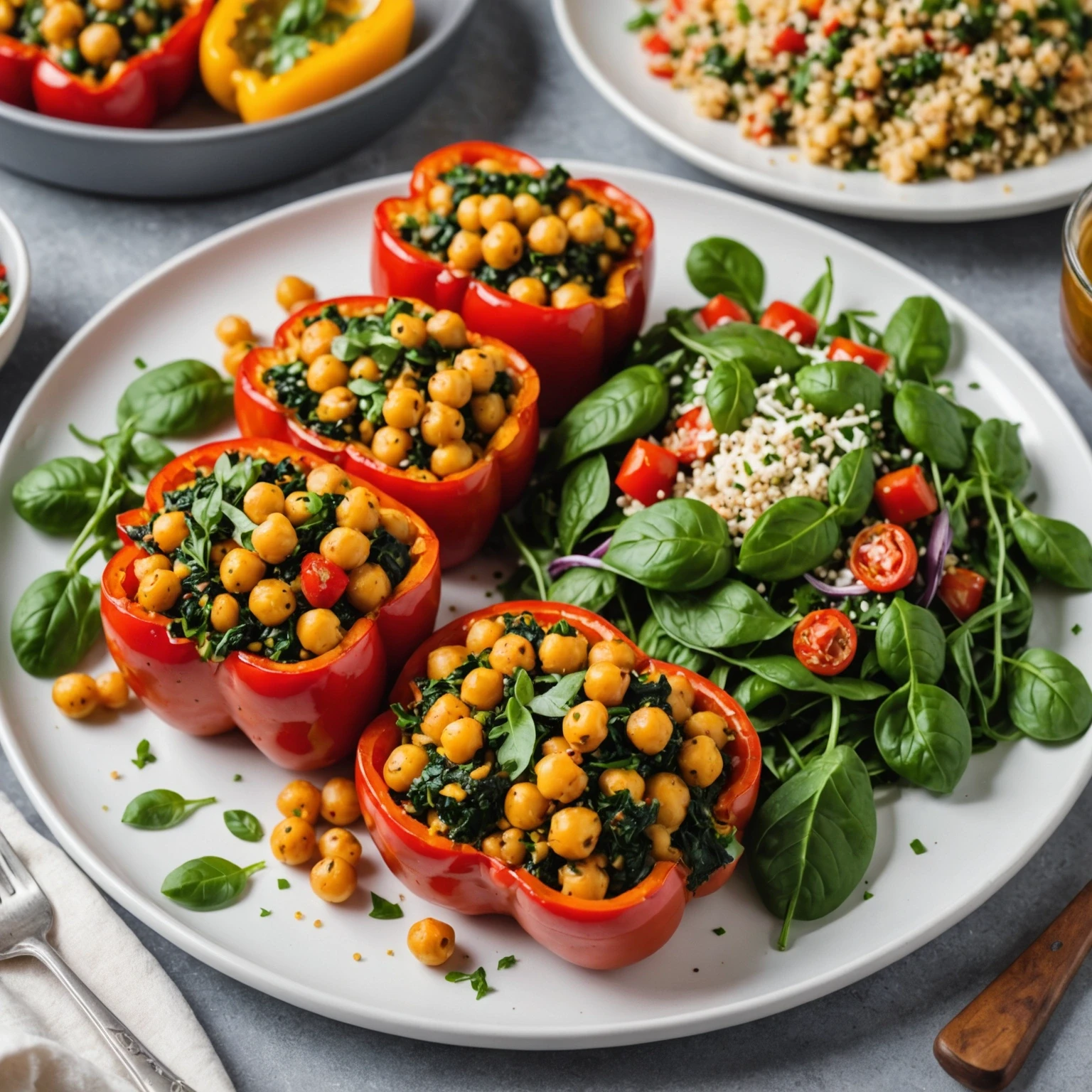 Plated Mediterranean chickpea and spinach stuffed peppers with quinoa salad, freshly made using an air fryer, shown in natural light on a white ceramic plate.
