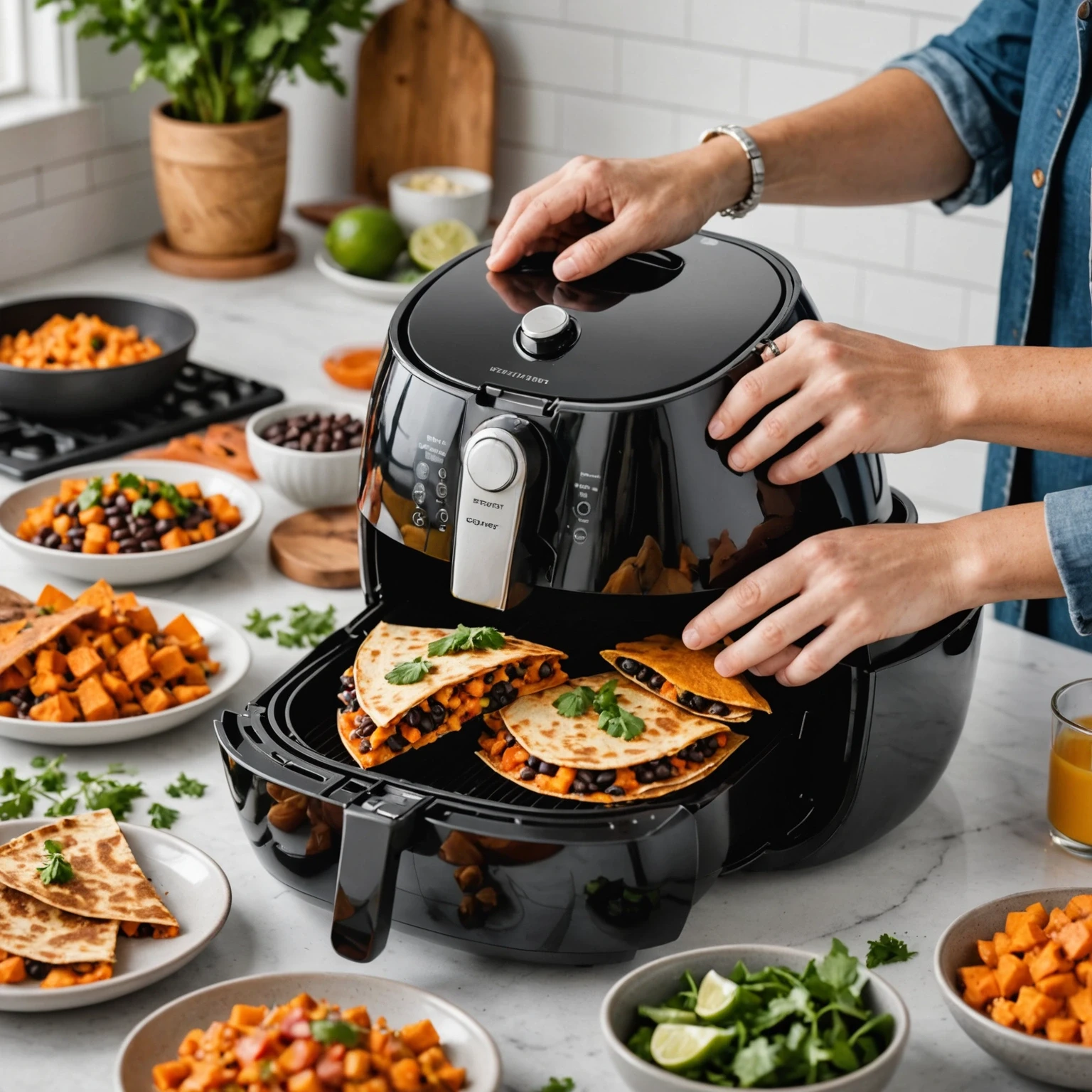Person preparing air fryer sweet potato and black bean quesadillas in a modern kitchen, demonstrating batch cooking for quick, balanced weekly meals.