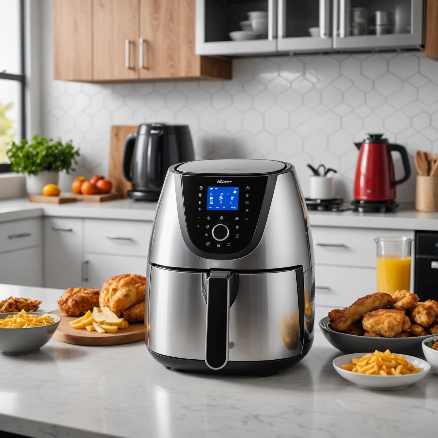 Modern air fryer placed on a clean kitchen countertop with proper ventilation space around it, illuminated by natural daylight