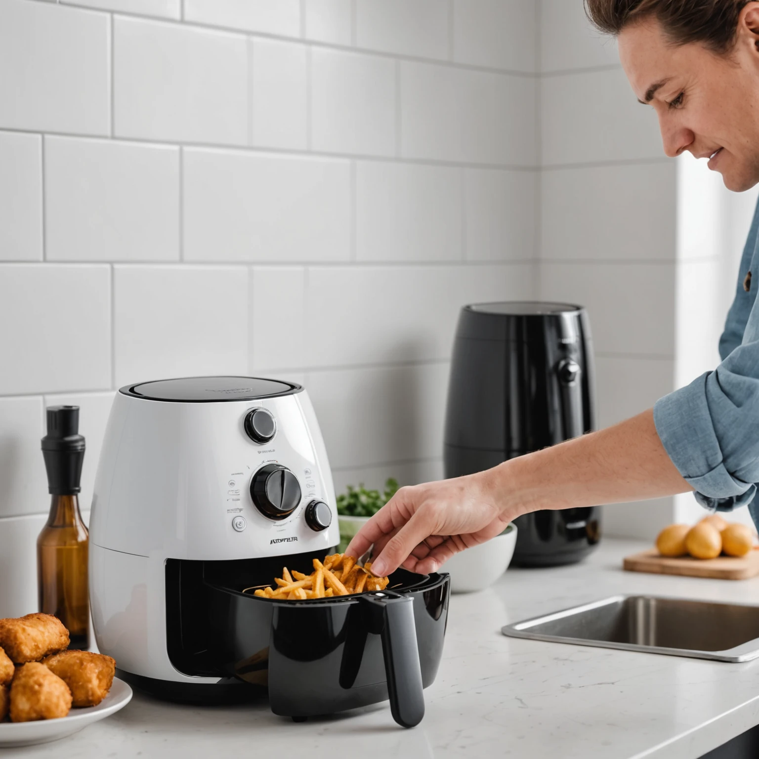 Hands unplugging an air fryer from a grounded wall outlet to emphasize electrical safety