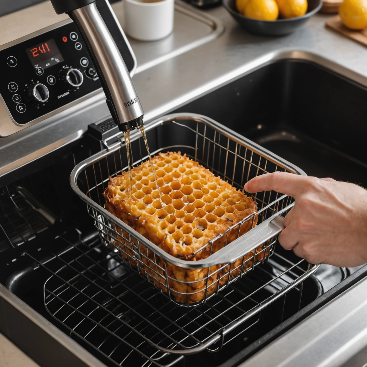 Air fryer basket being cleaned with warm soapy water in a kitchen sink to illustrate maintenance and hygiene